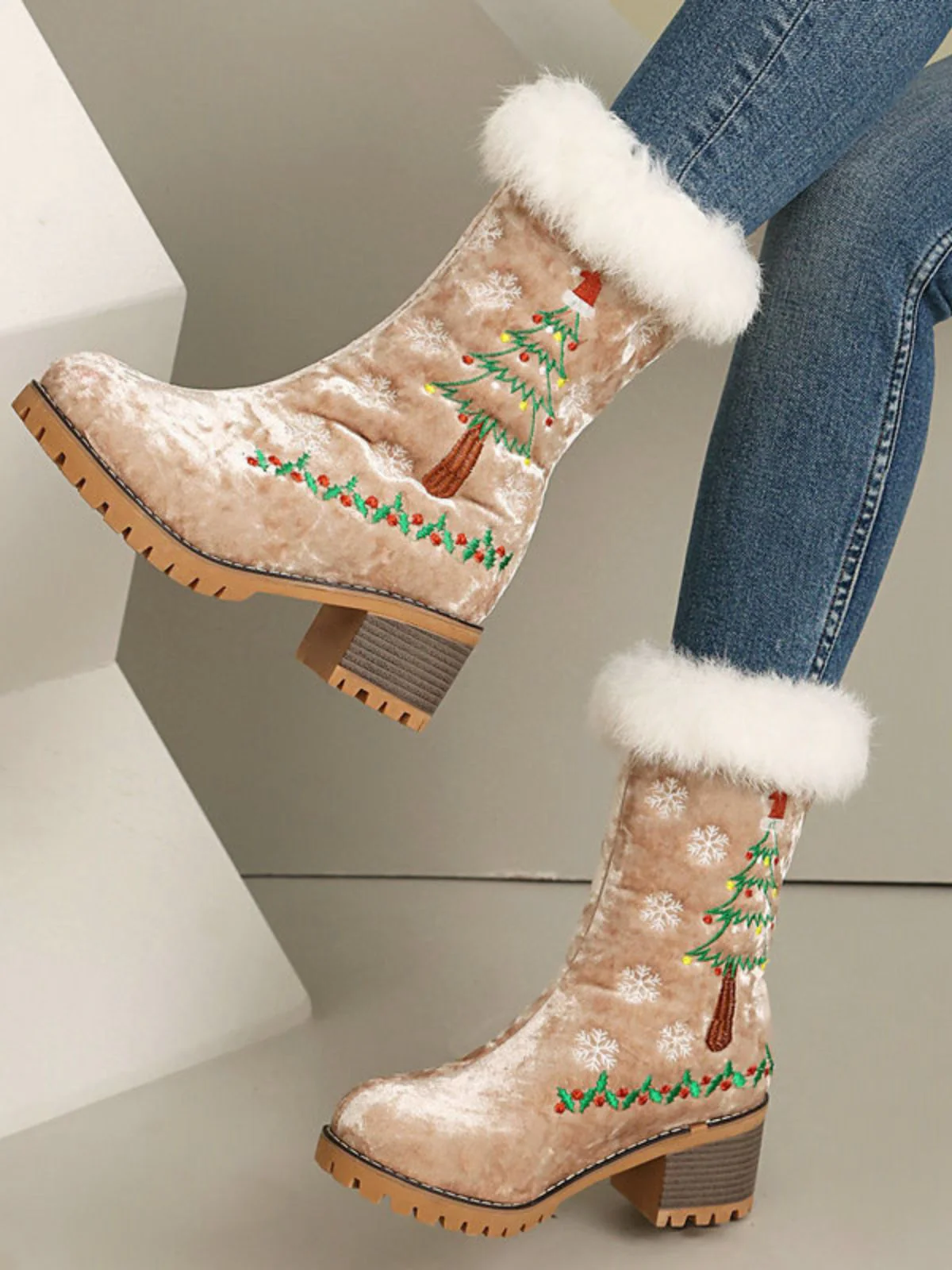 Vintage Weihnachtsbaum Schneeflocke Plüsch Klobig Ferse Stiefel - Image 12