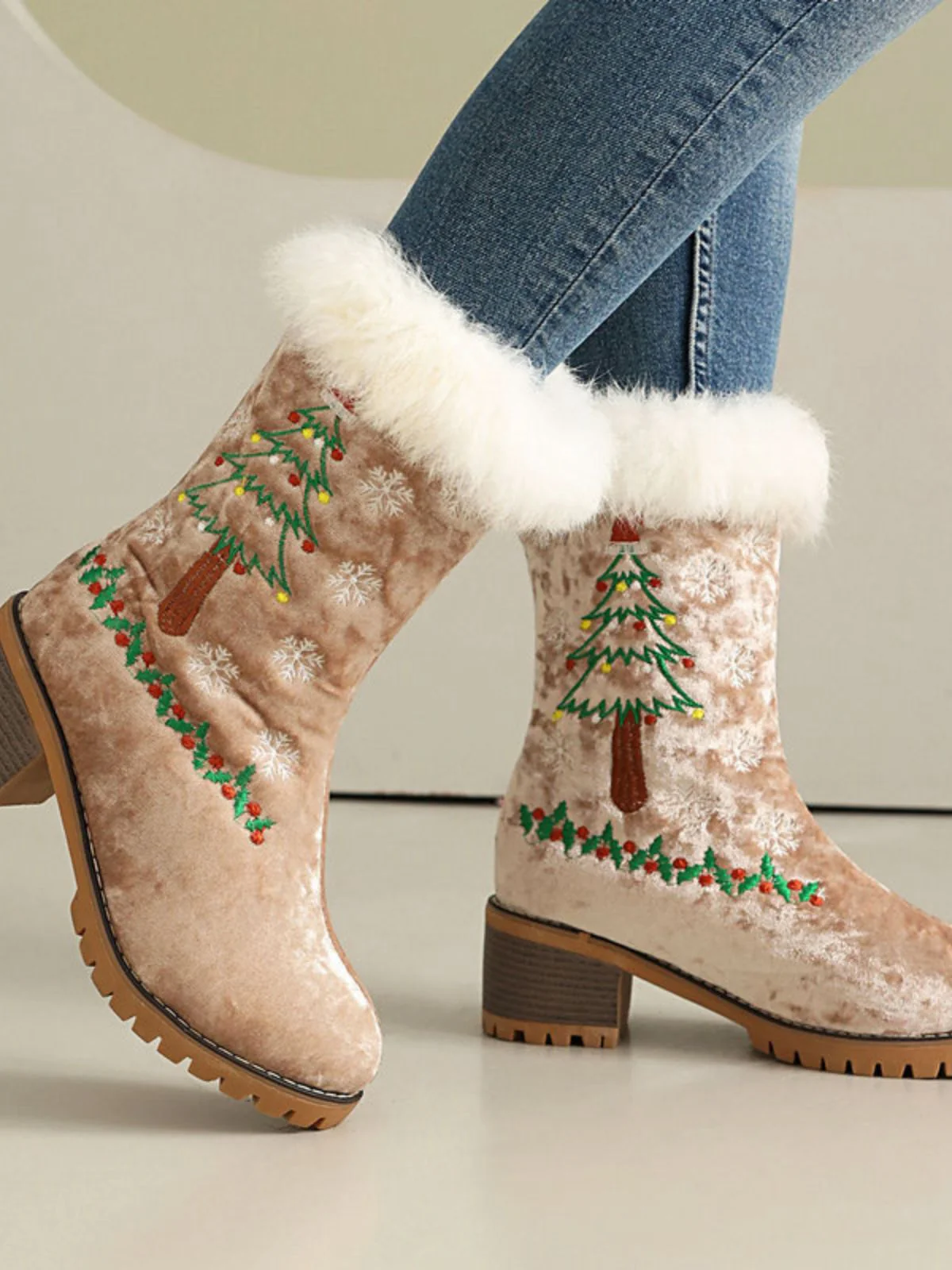 Vintage Weihnachtsbaum Schneeflocke Plüsch Klobig Ferse Stiefel - Image 13