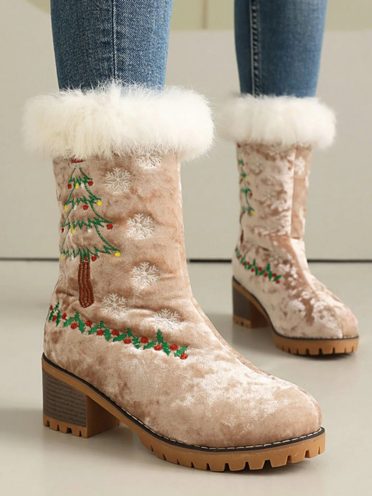 Vintage Weihnachtsbaum Schneeflocke Plüsch Klobig Ferse Stiefel - Image 14