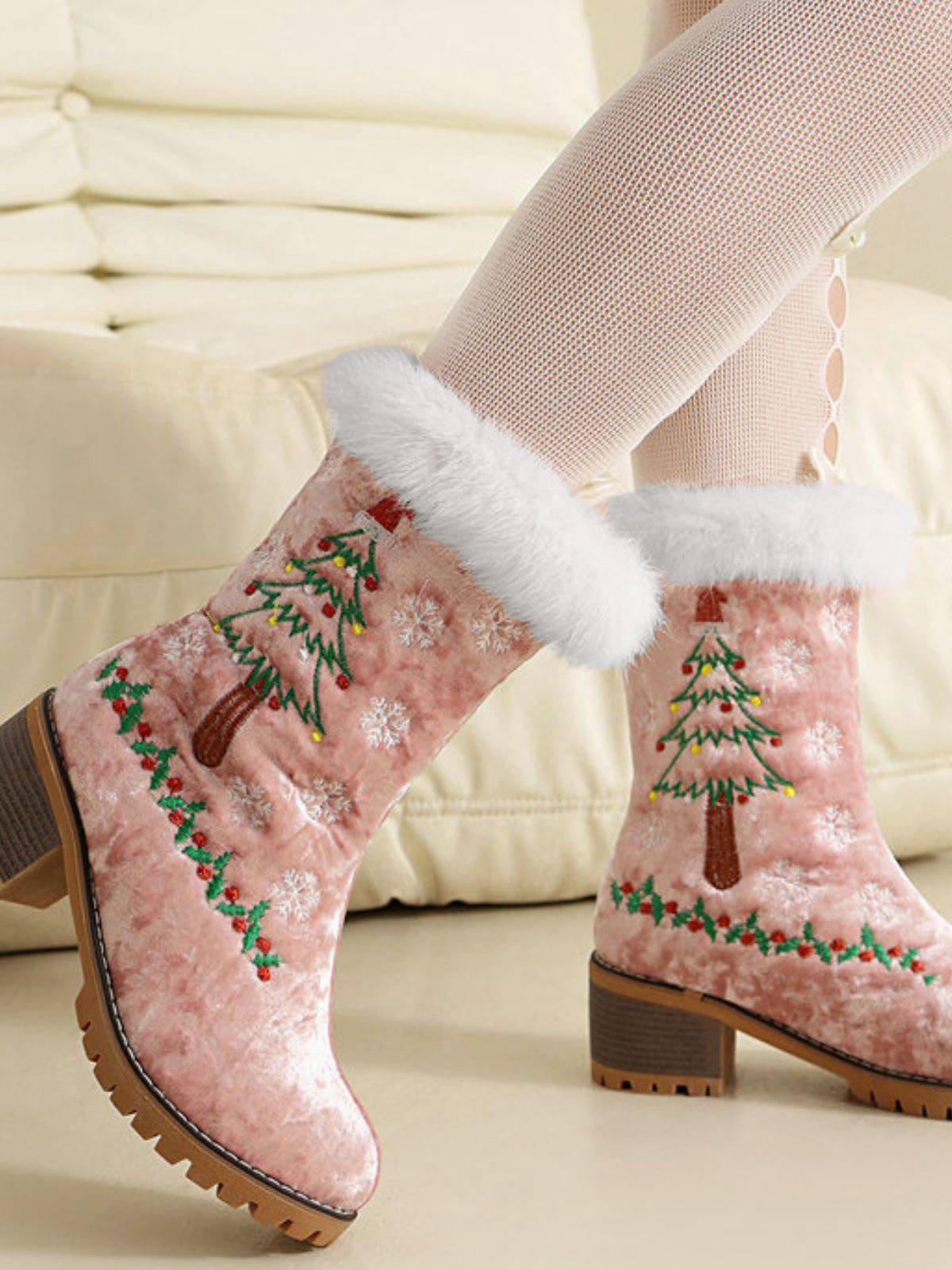 Vintage Weihnachtsbaum Schneeflocke Plüsch Klobig Ferse Stiefel - Image 17
