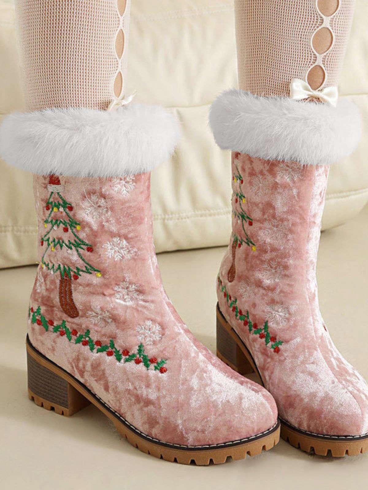 Vintage Weihnachtsbaum Schneeflocke Plüsch Klobig Ferse Stiefel - Image 18