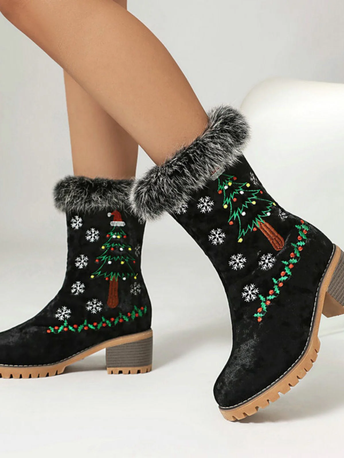 Vintage Weihnachtsbaum Schneeflocke Plüsch Klobig Ferse Stiefel - Image 5