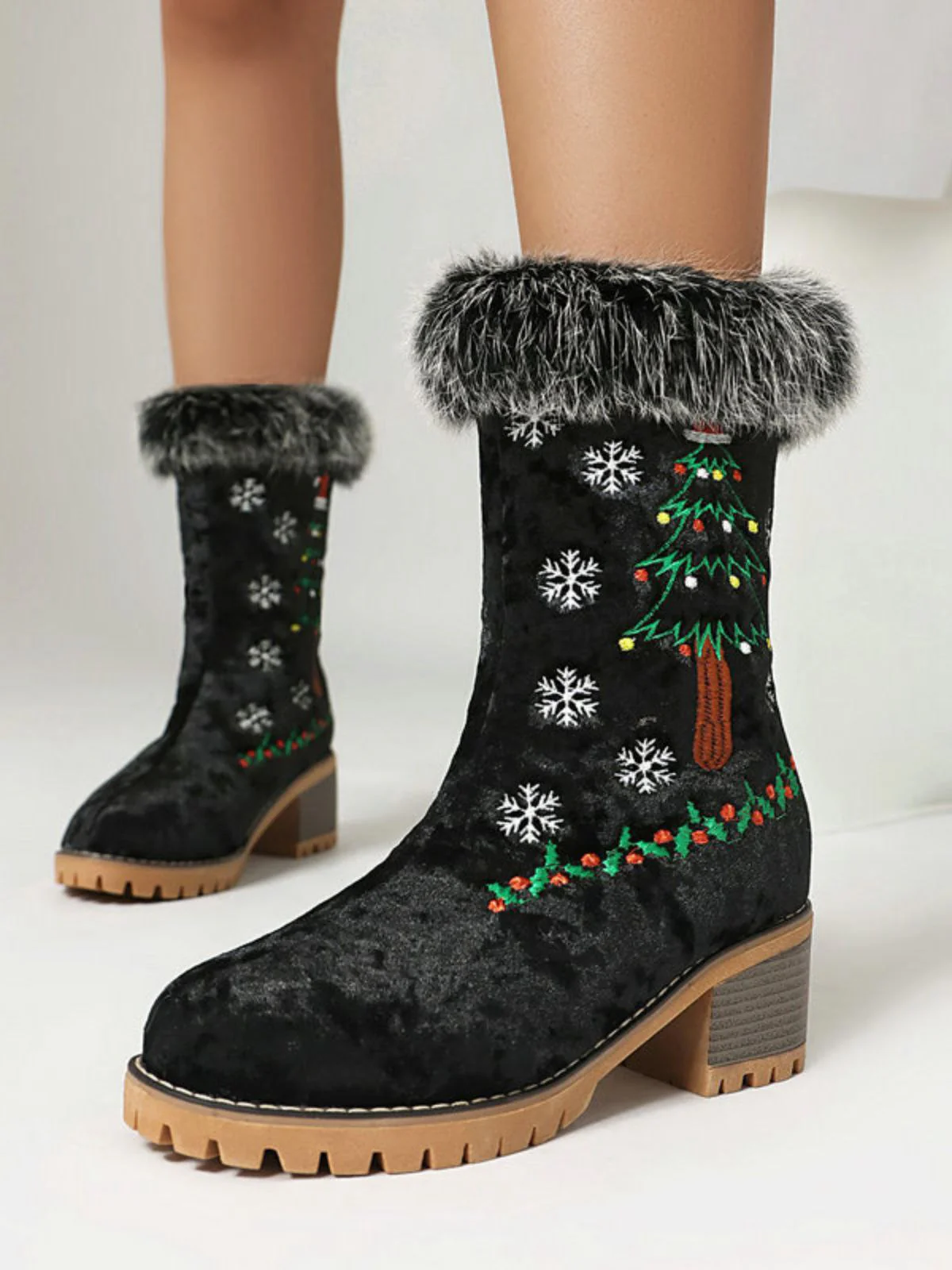 Vintage Weihnachtsbaum Schneeflocke Plüsch Klobig Ferse Stiefel - Image 6