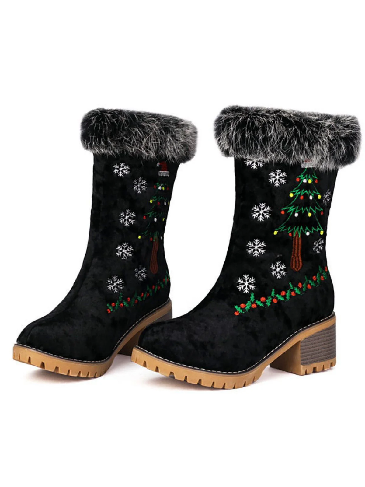 Vintage Weihnachtsbaum Schneeflocke Plüsch Klobig Ferse Stiefel - Image 7