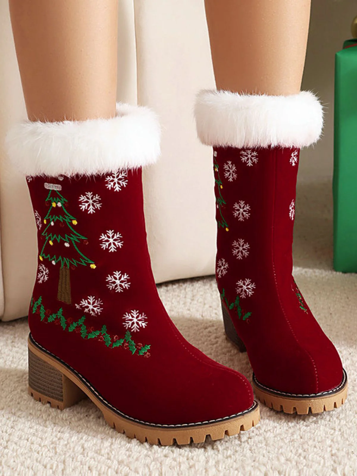 Vintage Weihnachtsbaum Schneeflocke Plüsch Klobig Ferse Stiefel - Image 2