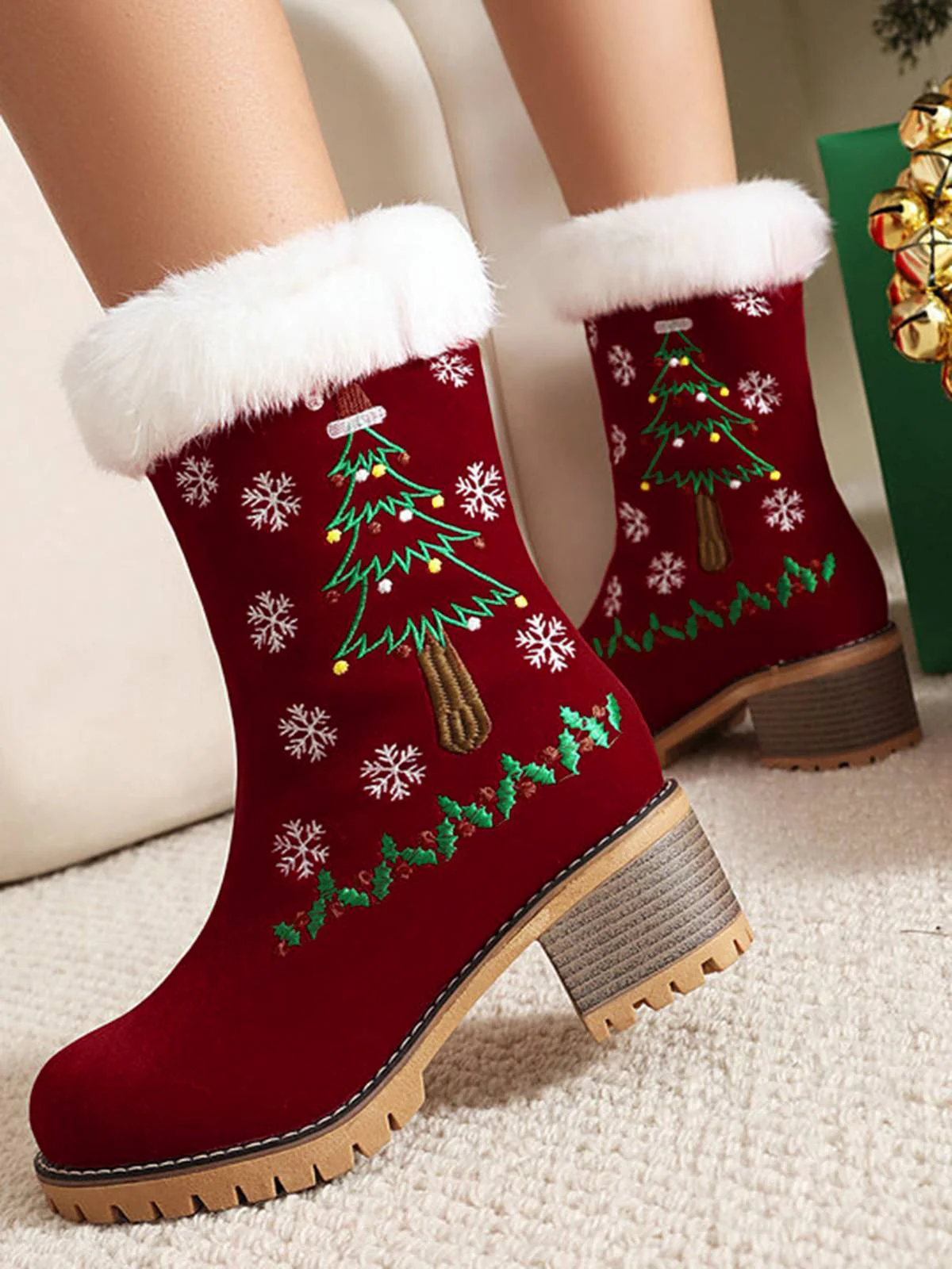Vintage Weihnachtsbaum Schneeflocke Plüsch Klobig Ferse Stiefel - Image 3