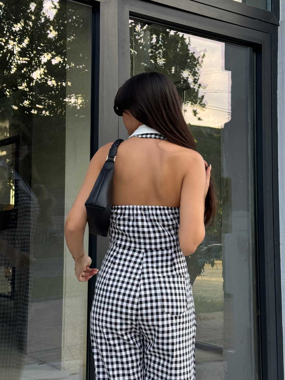 Schwarz Weiß 1940er Plaid Revers Halter Jumpsuit - Image 2