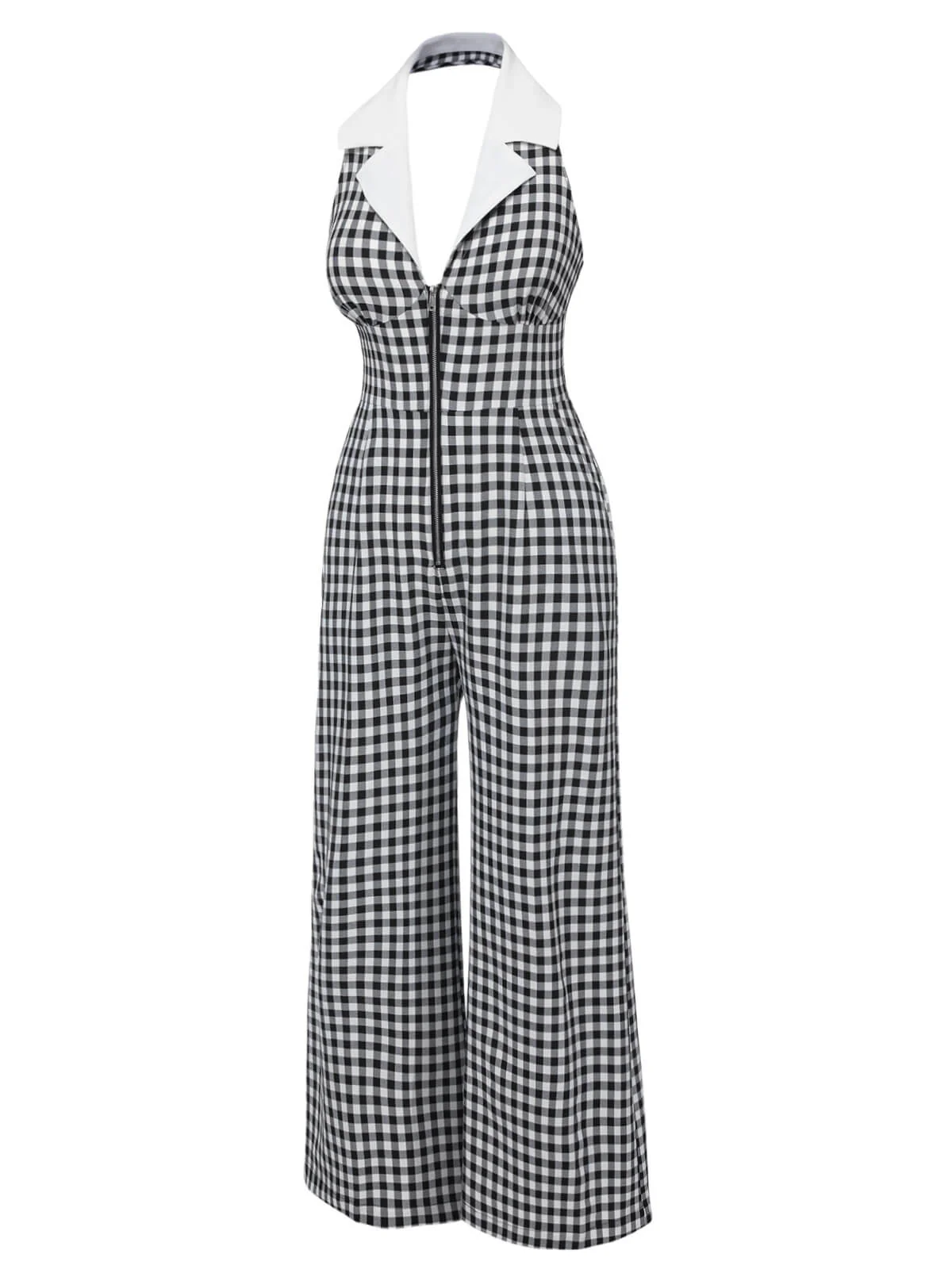 Schwarz Weiß 1940er Plaid Revers Halter Jumpsuit - Image 5