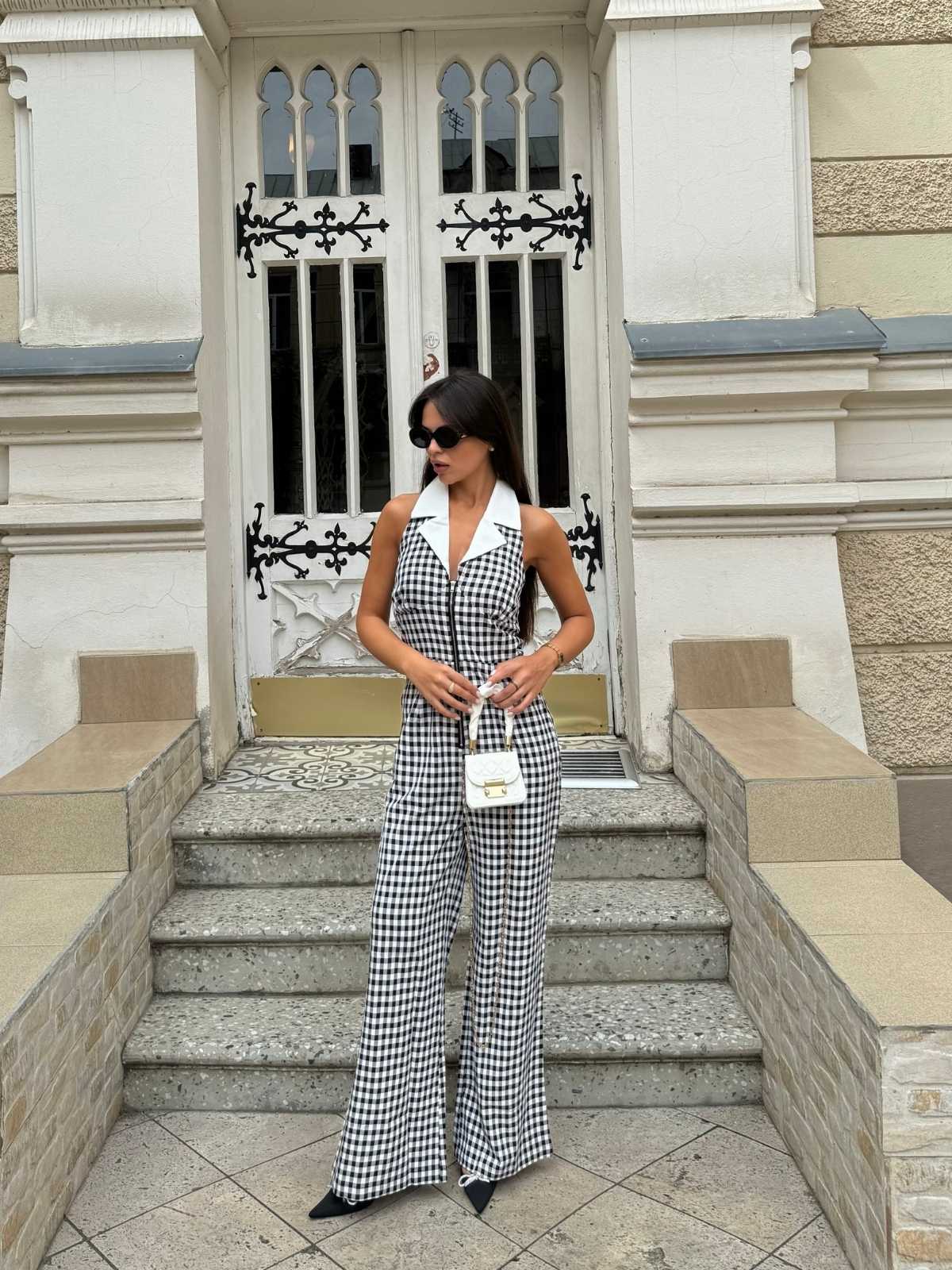 Schwarz Weiß 1940er Plaid Revers Halter Jumpsuit - Image 2