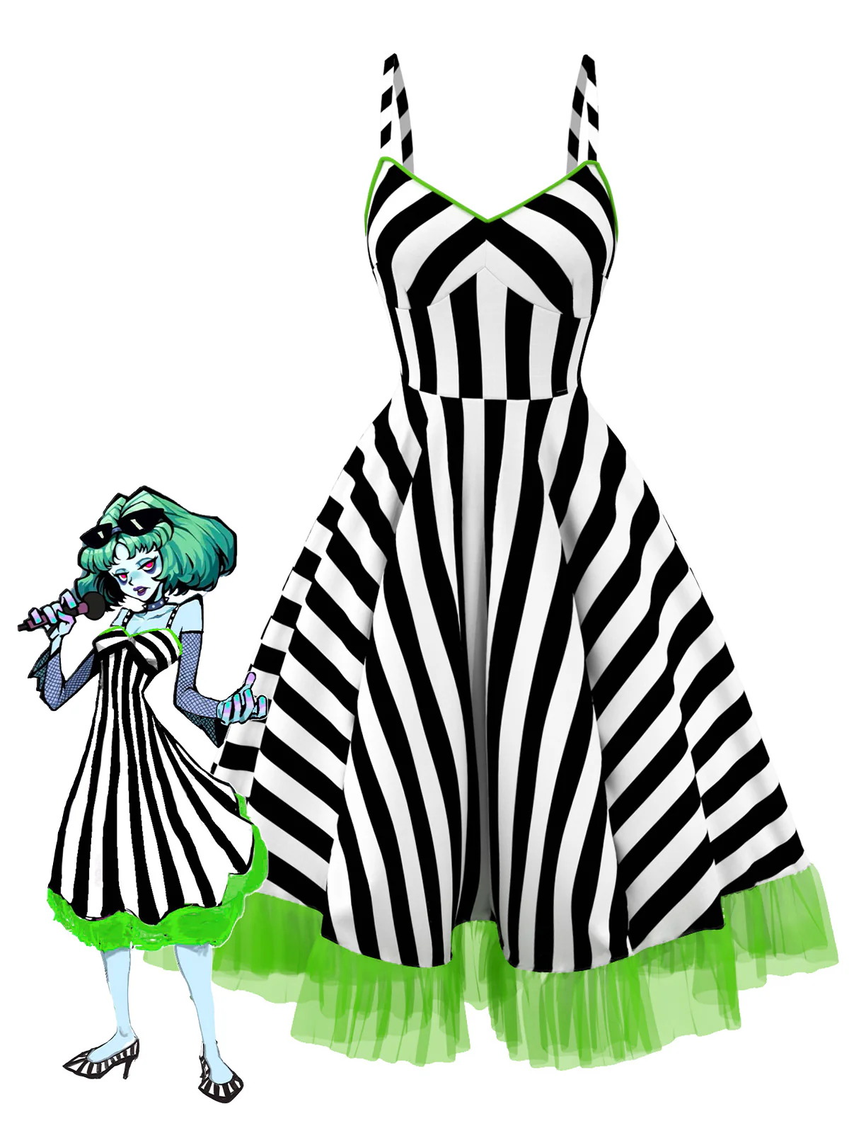 Schwarz & Rosa 1950er Beetlejuice Kostüm Streifen Fluoreszierend Spitze Kleid - Image 3