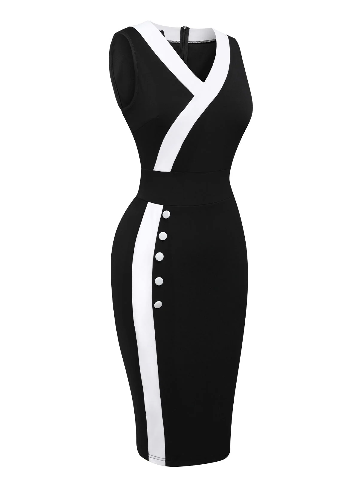 Schwarz & Weiß 1960er Knöpfen V-Ausschnitt Patchwork Kleid - Image 2