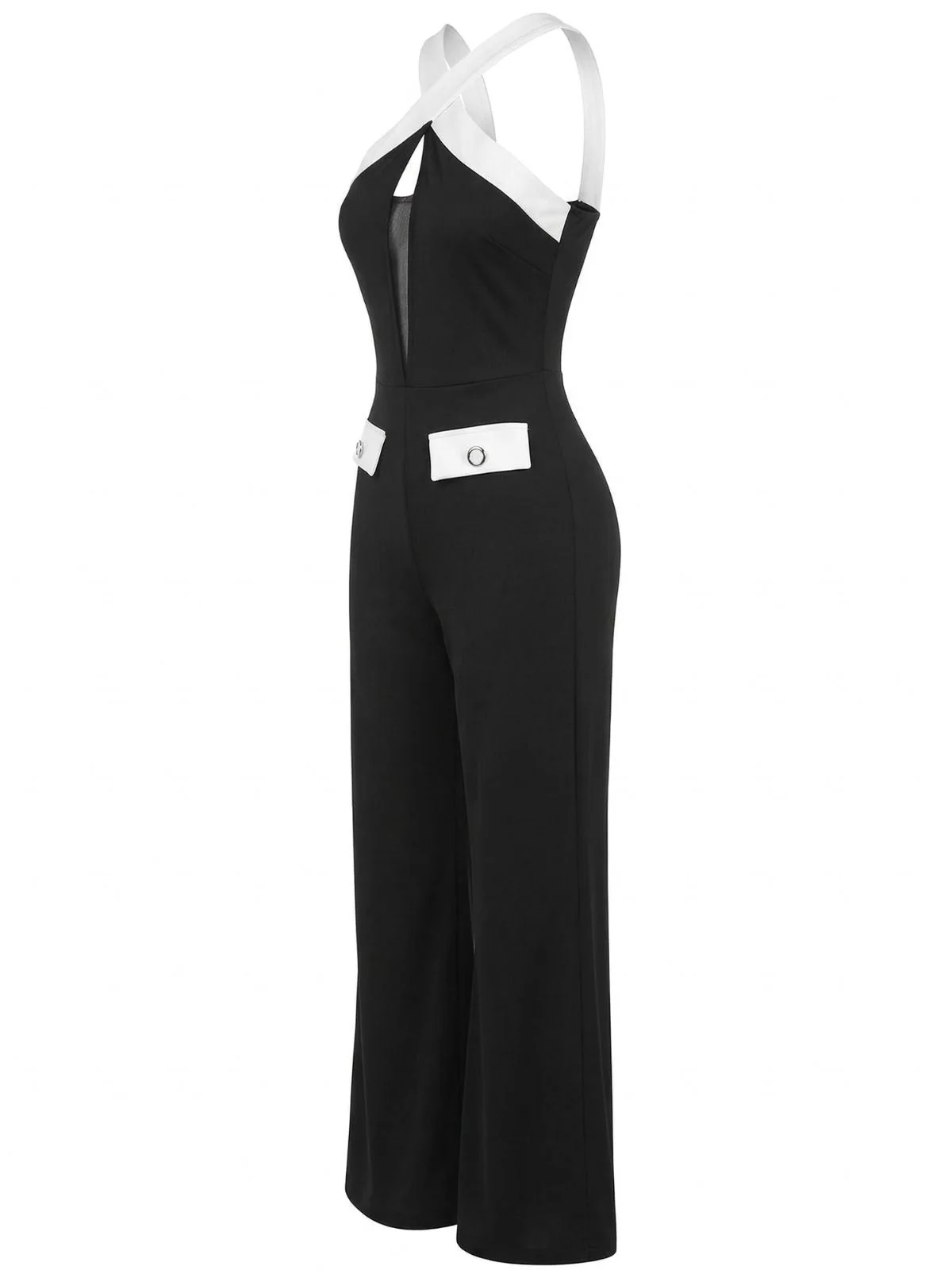 Schwarz & Weiß 1960er Kontrast Halter Weites Bein Jumpsuit - Image 2