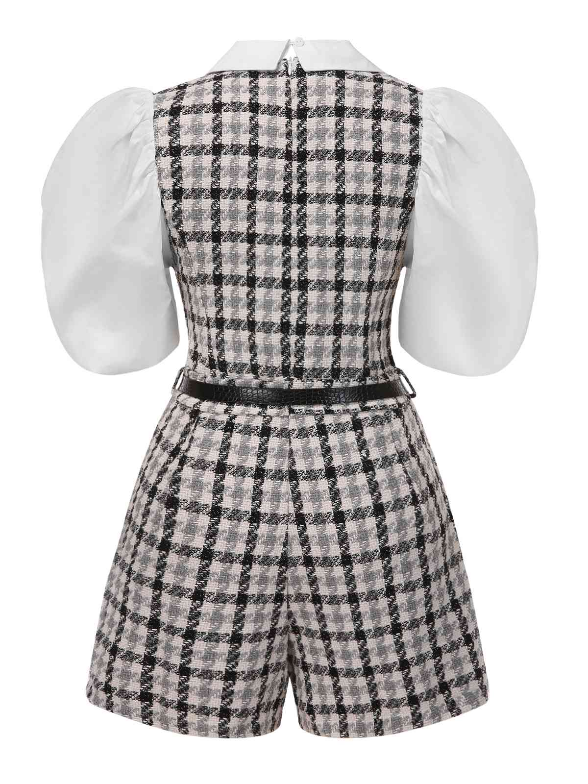 Schwarz & Weiß 1970er Revers Plaid Gürtel Romper - Image 2