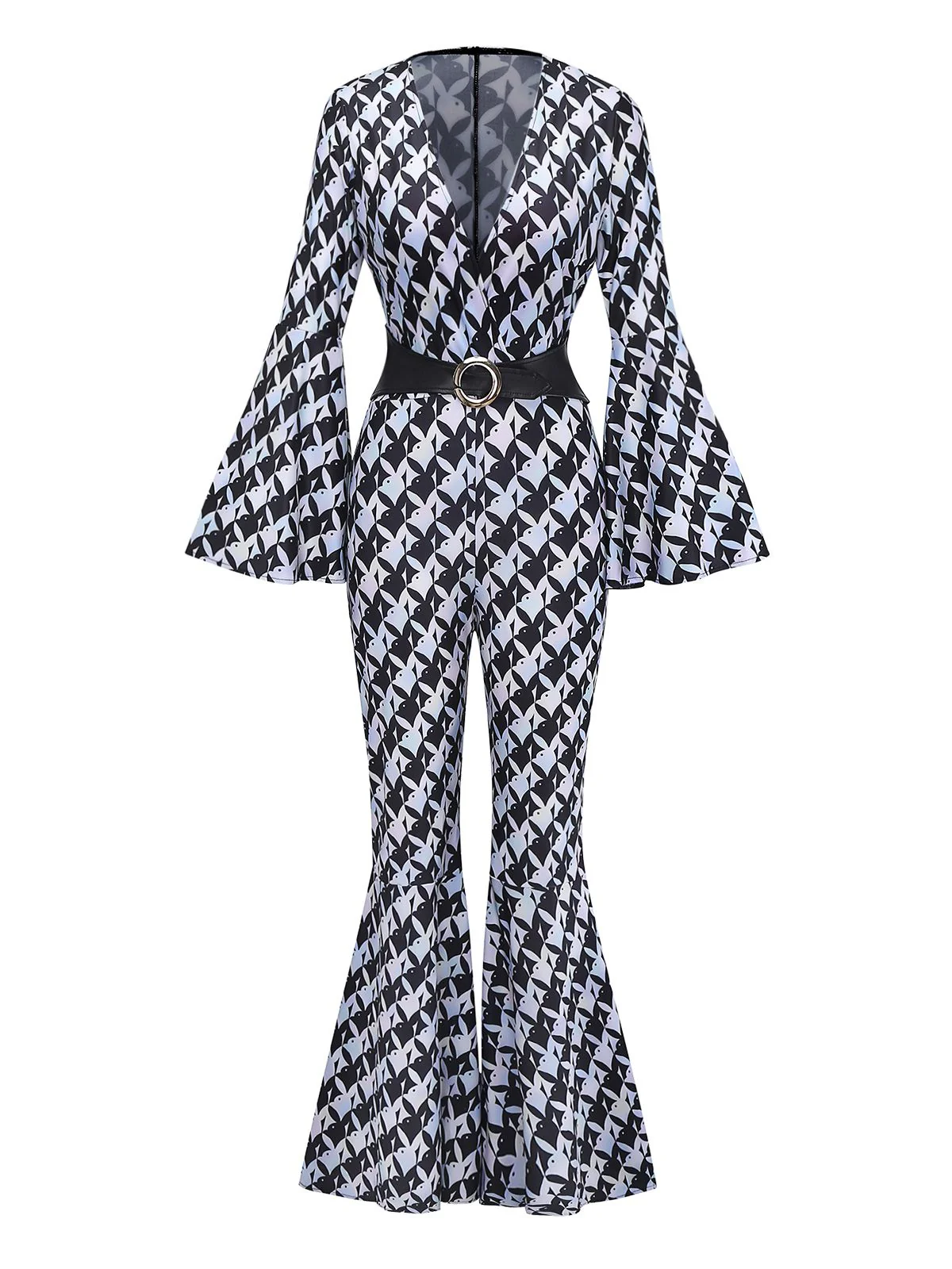 Schwarz & Weiß 1980er Hahnentritt Glockenärmel Jumpsuit - Image 2