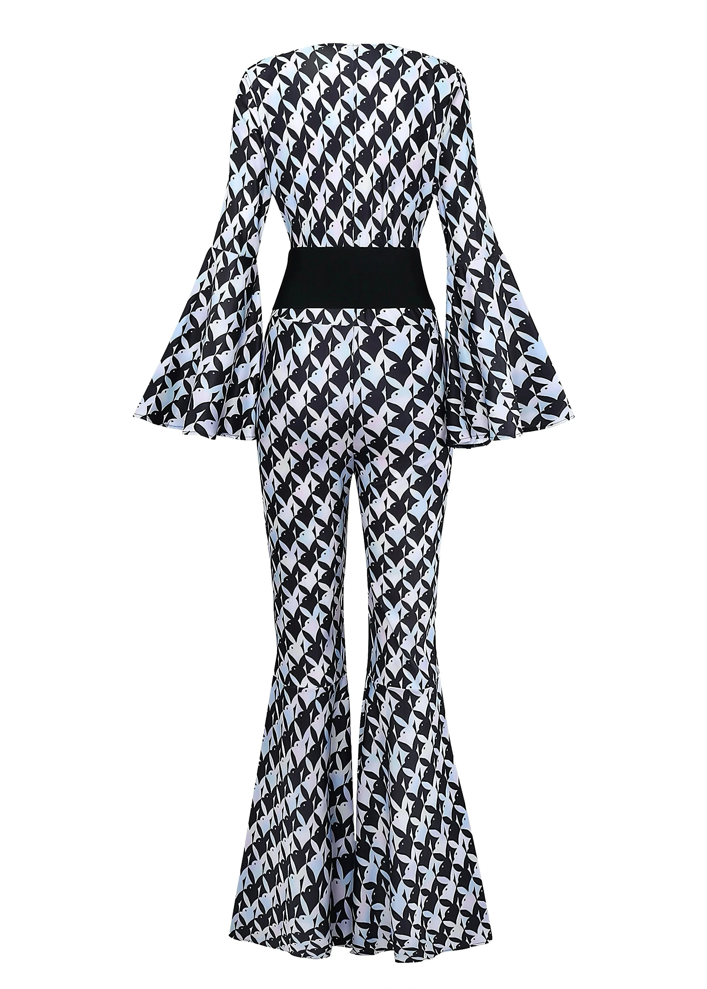 Schwarz & Weiß 1980er Hahnentritt Glockenärmel Jumpsuit - Image 3