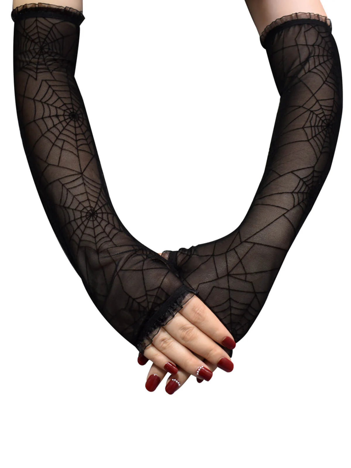 Schwarze Halloween Handschuhe mit Spinnennetz - Image 3