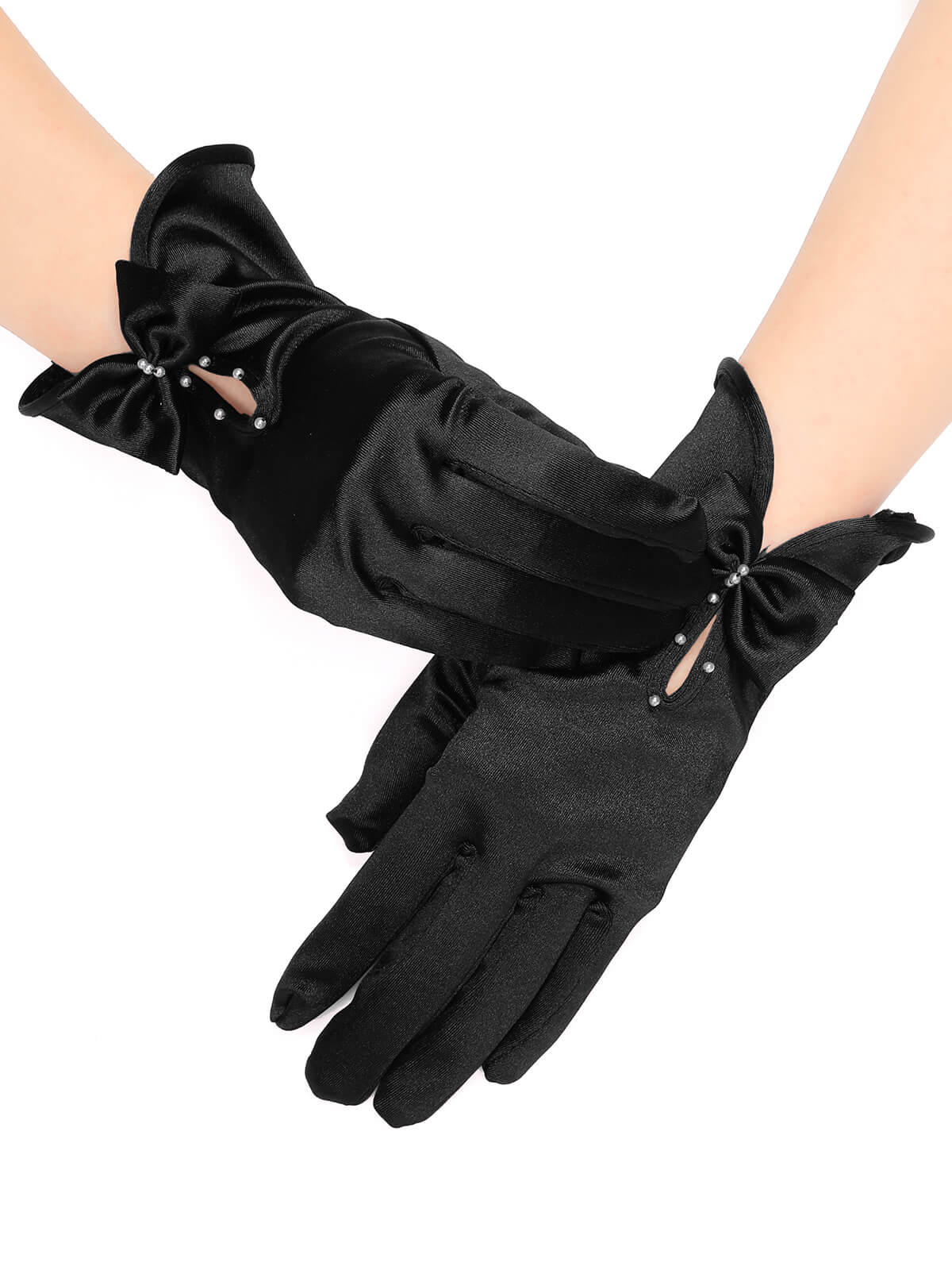 Schwarz Perle Bogen Satin Handschuhe