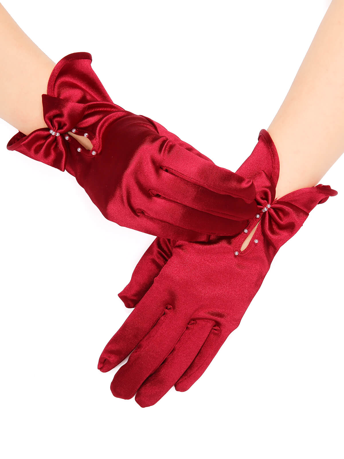 Schwarz Perle Bogen Satin Handschuhe - Image 2