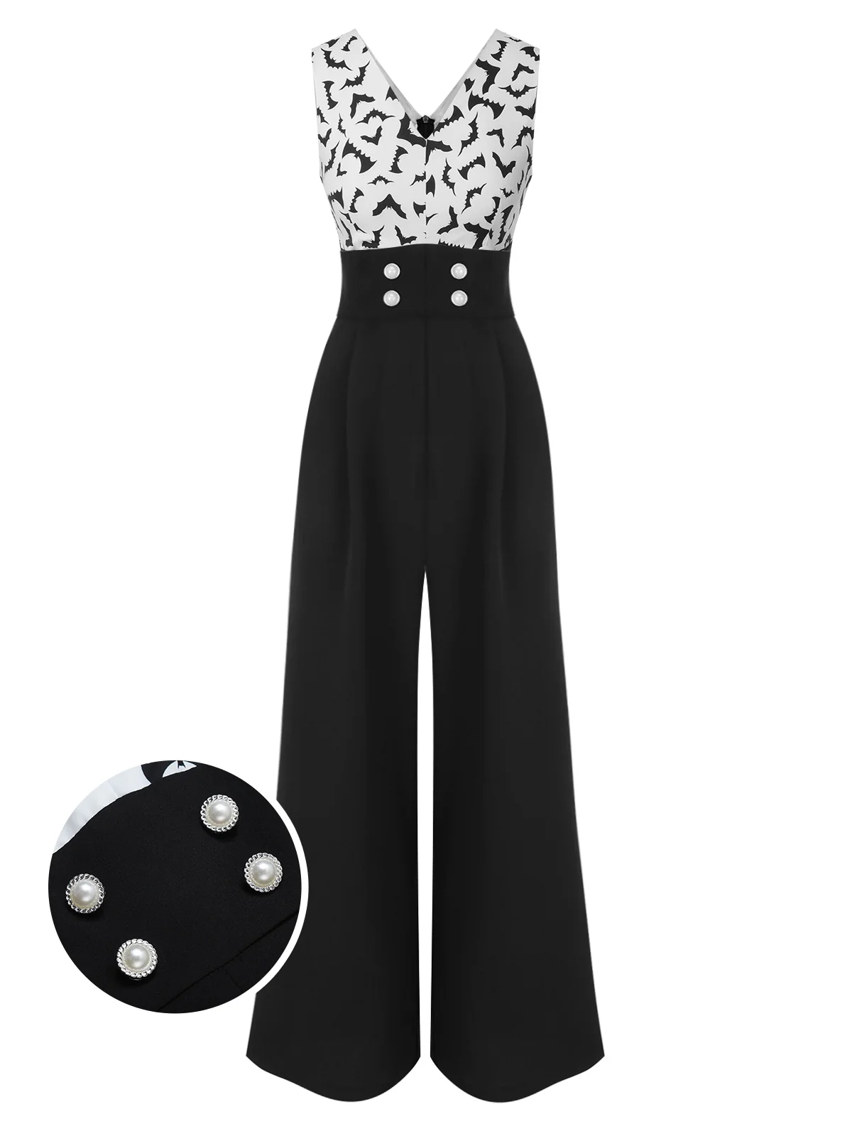Schwarz 1930er Halloween Fledermaus Patchwork Jumpsuit - Image 2