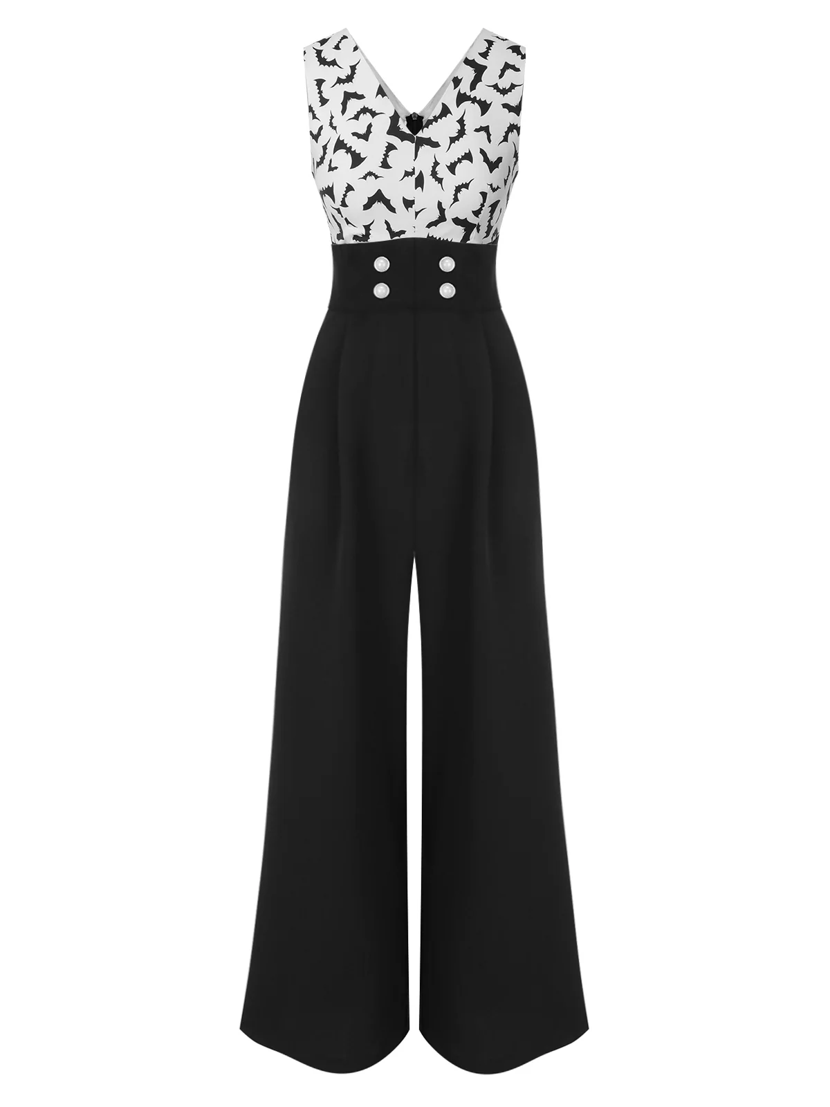 Schwarz 1930er Halloween Fledermaus Patchwork Jumpsuit - Image 3