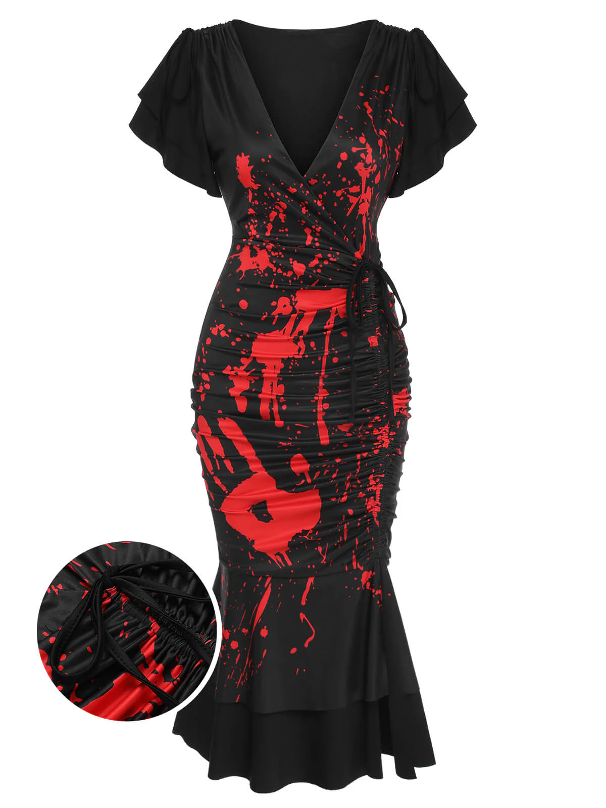 Schwarzes 1930er V-Ausschnitt Blut Handabdruck Fishtail Kleid - Image 3