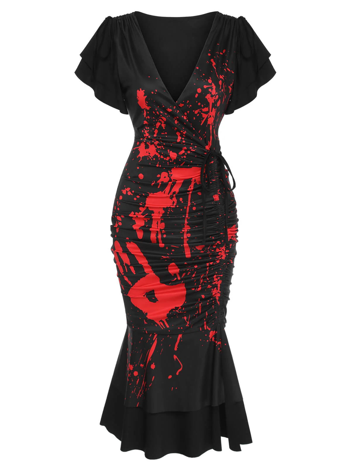 Schwarzes 1930er V-Ausschnitt Blut Handabdruck Fishtail Kleid - Image 4