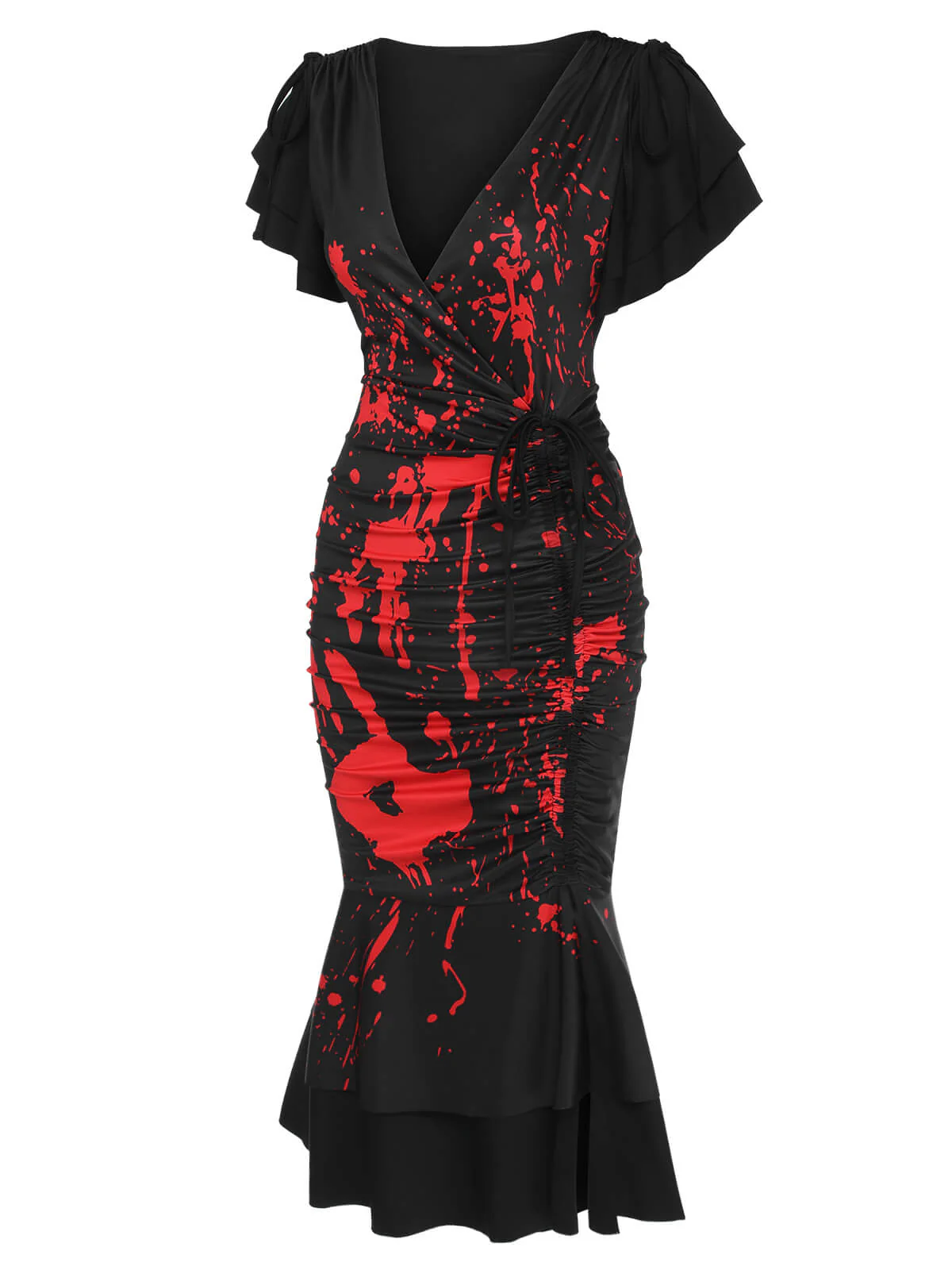 Schwarzes 1930er V-Ausschnitt Blut Handabdruck Fishtail Kleid - Image 5