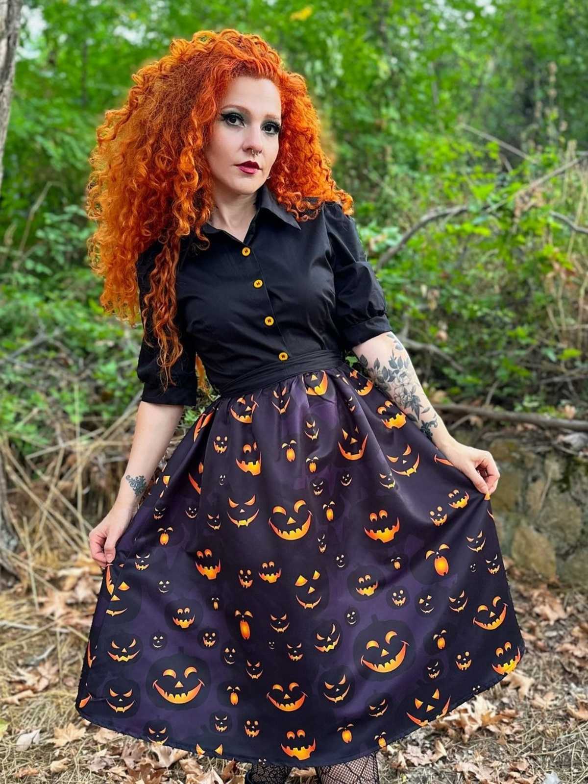 Schwarzes 1940er Halloween Revers Kürbis Gürtelkleid - Image 2