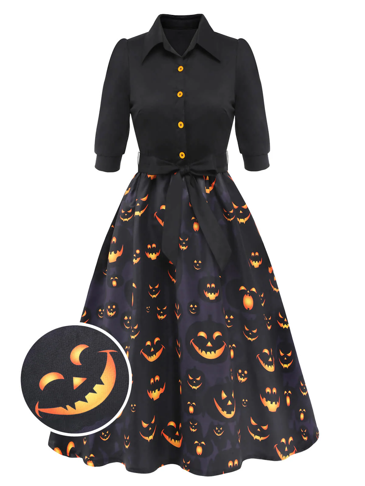 Schwarzes 1940er Halloween Revers Kürbis Gürtelkleid - Image 4