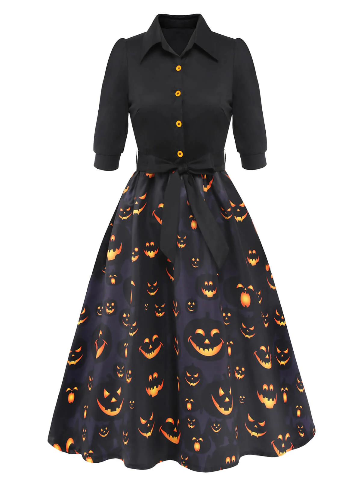 Schwarzes 1940er Halloween Revers Kürbis Gürtelkleid - Image 5