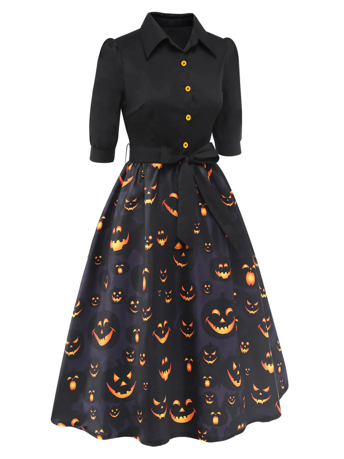Schwarzes 1940er Halloween Revers Kürbis Gürtelkleid - Image 6