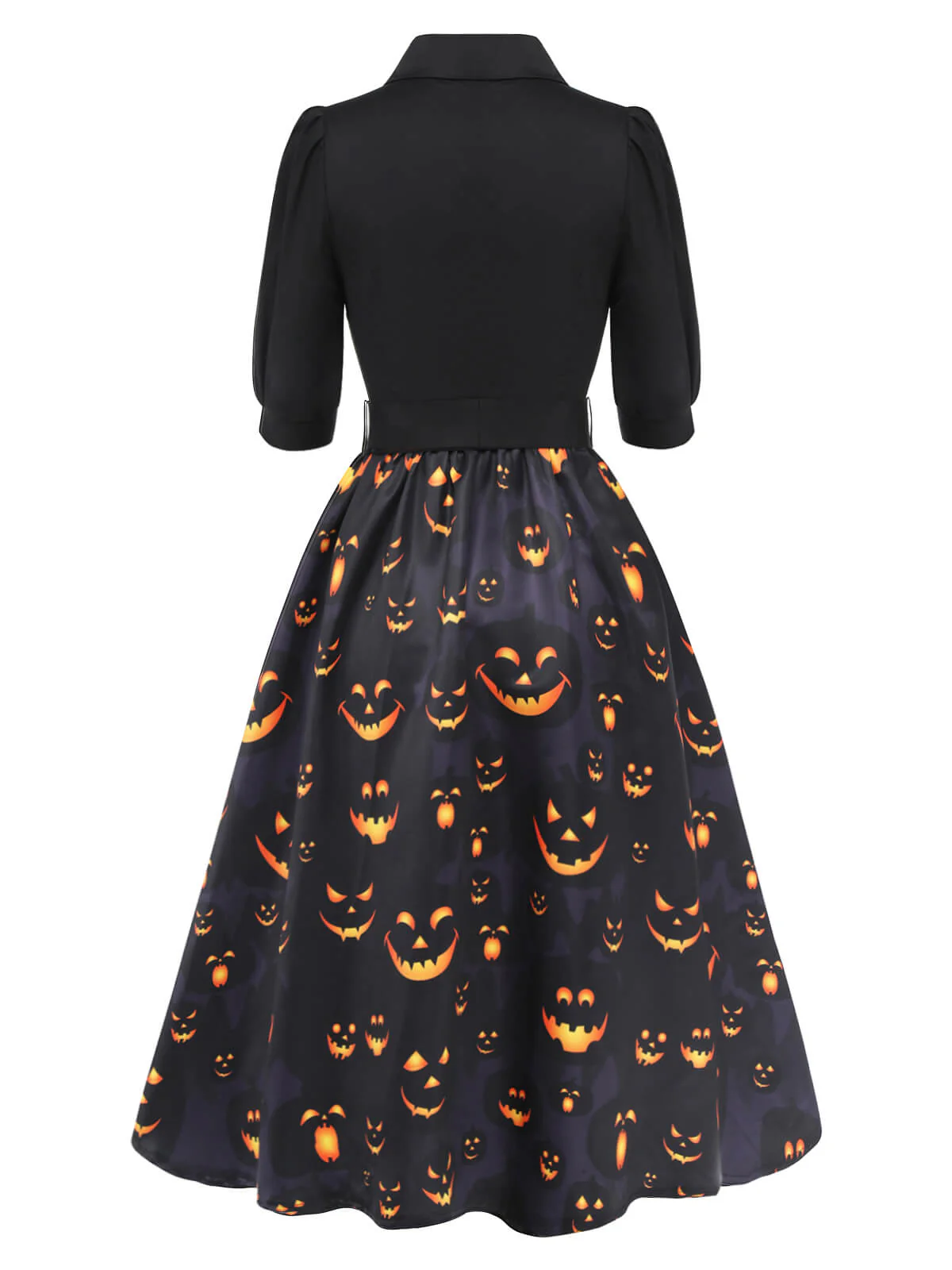 Schwarzes 1940er Halloween Revers Kürbis Gürtelkleid - Image 7