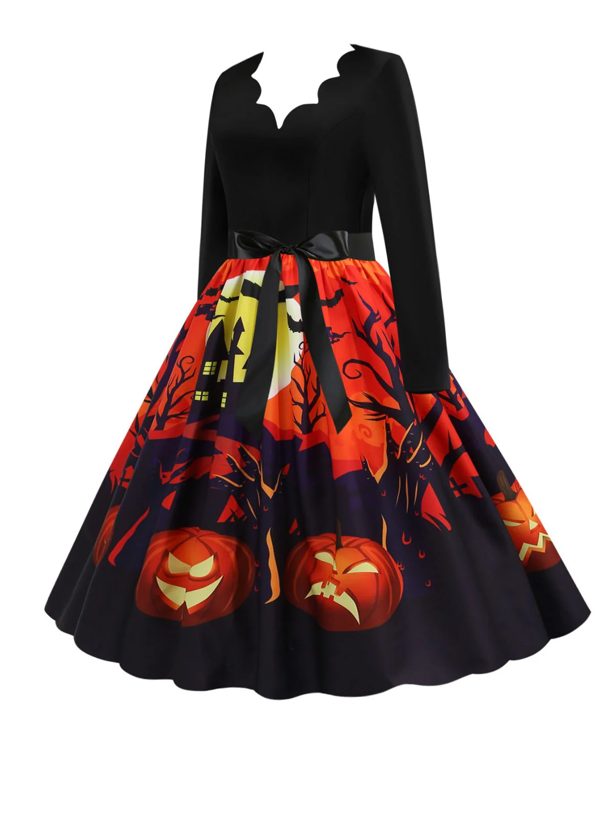 Schwarz 1950er Halloween Kürbis Langarm Kleid - Image 2