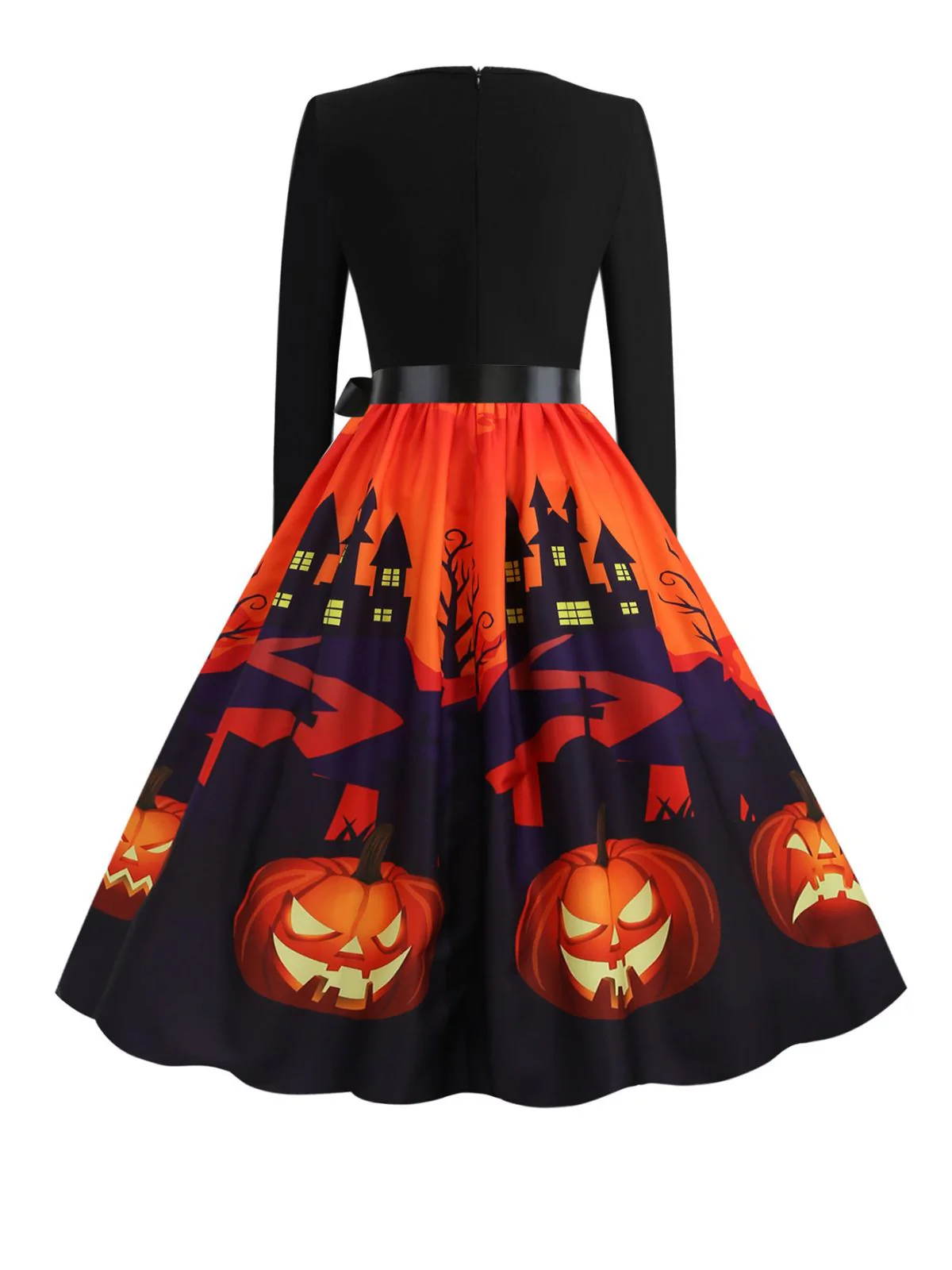 Schwarz 1950er Halloween Kürbis Langarm Kleid - Image 3
