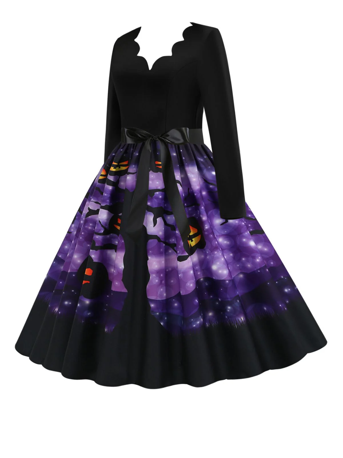 Schwarzes 1950er Halloween V-Ausschnitt Kürbis Swing Kleid - Image 2