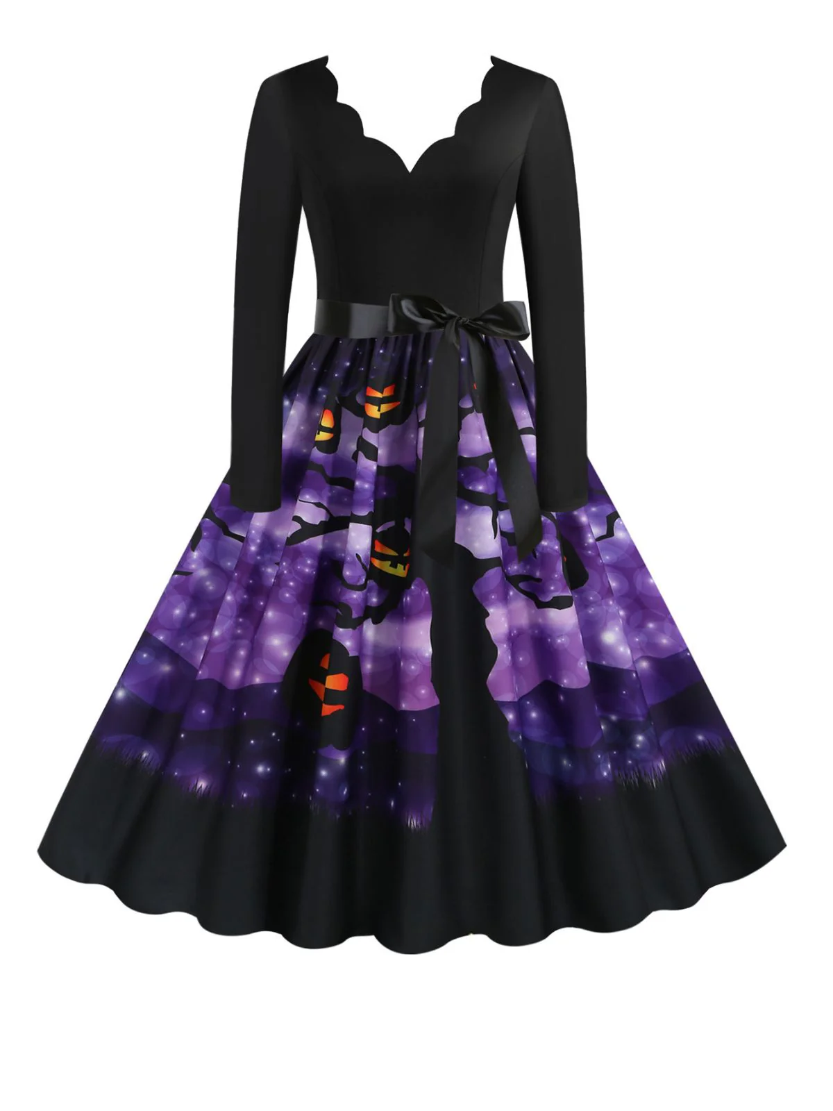 Schwarzes 1950er Halloween V-Ausschnitt Kürbis Swing Kleid - Image 4