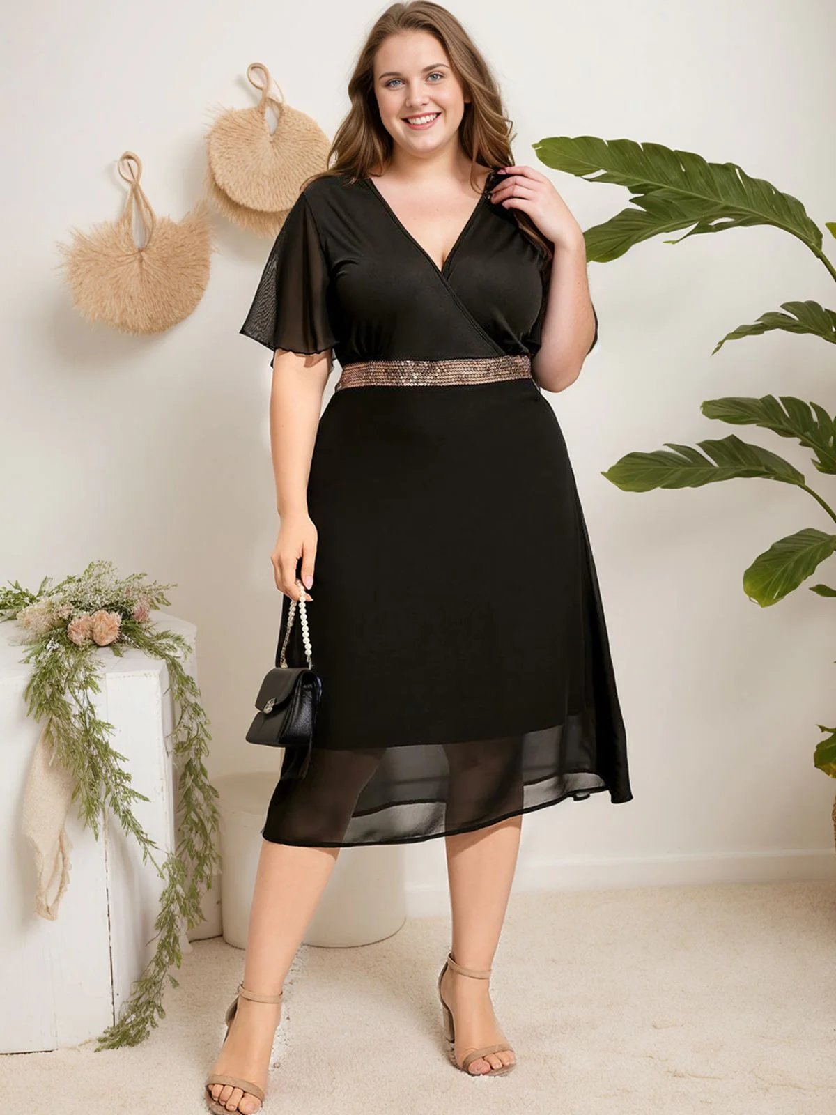 [Plus Size] Schwarzes 1950er Paillettengürtel-V-Ausschnitt-Kleid - Image 3