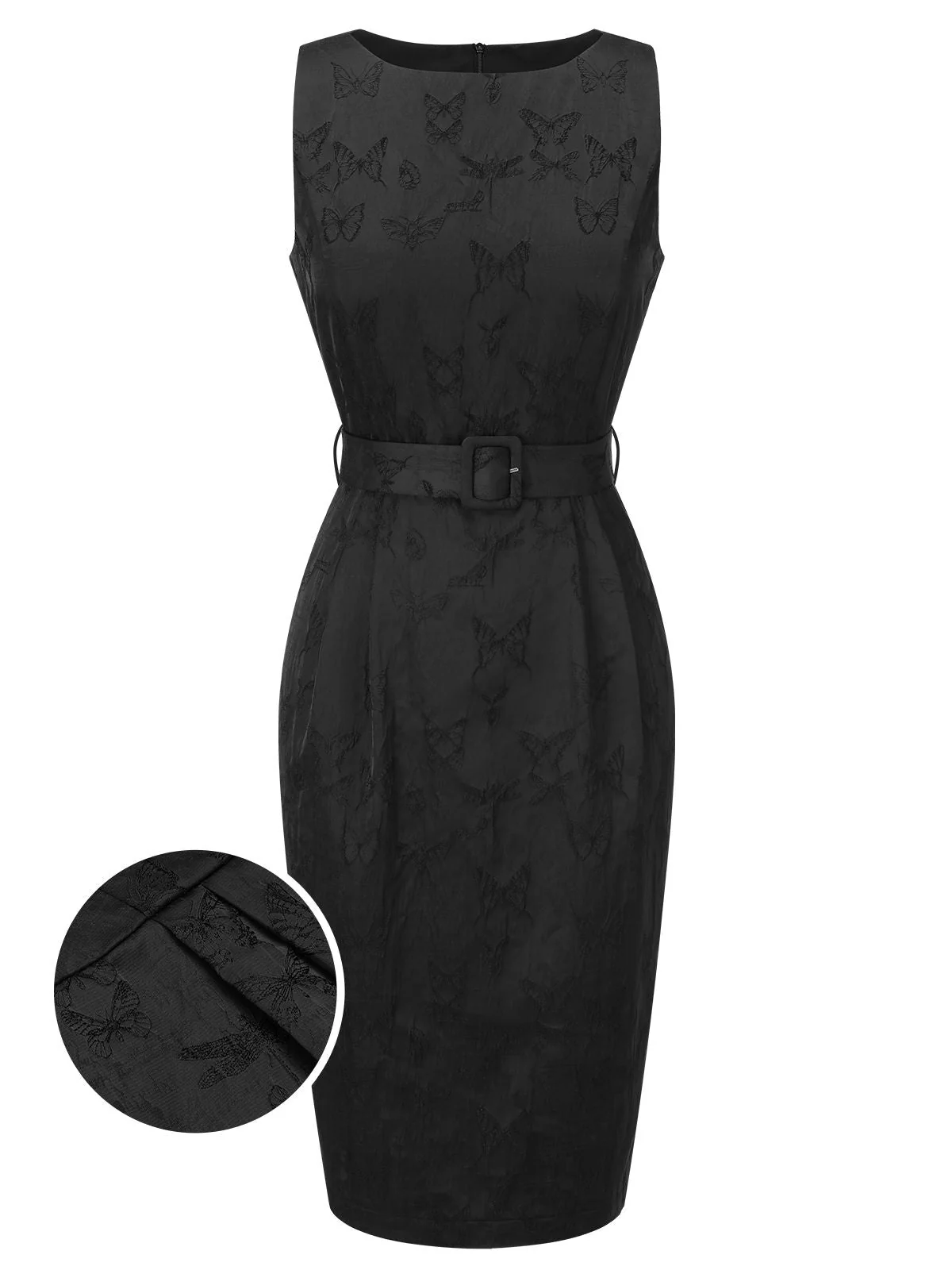 Schwarz 1960er Uni Ärmellos Schmetterlinge Gürtel Kleid