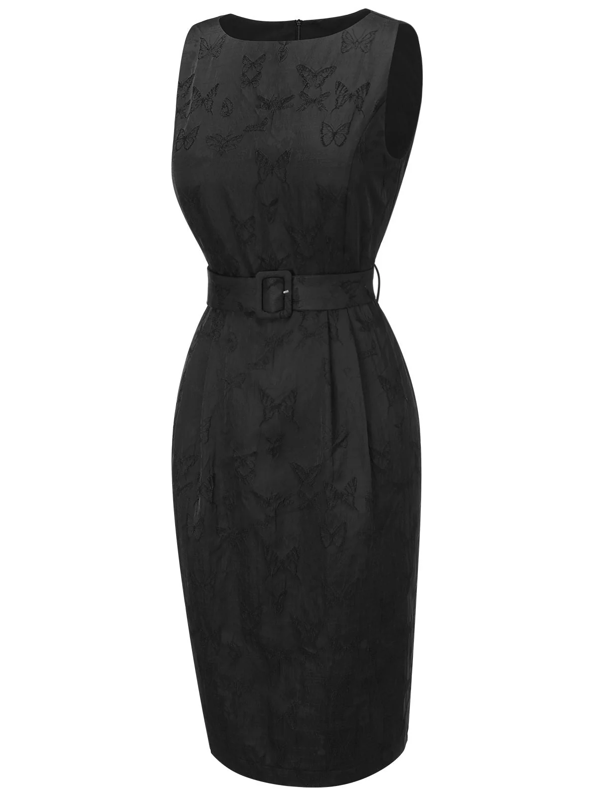 Schwarz 1960er Uni Ärmellos Schmetterlinge Gürtel Kleid - Image 3
