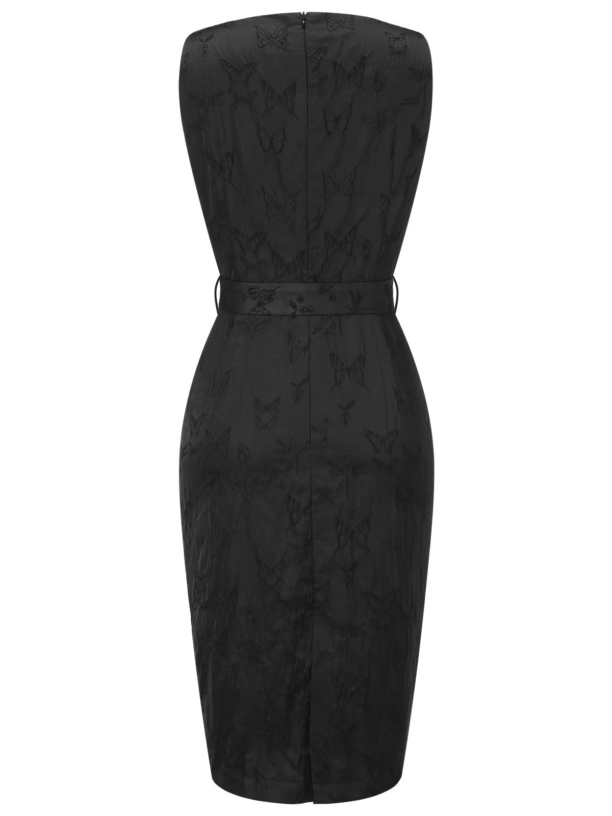 Schwarz 1960er Uni Ärmellos Schmetterlinge Gürtel Kleid - Image 4