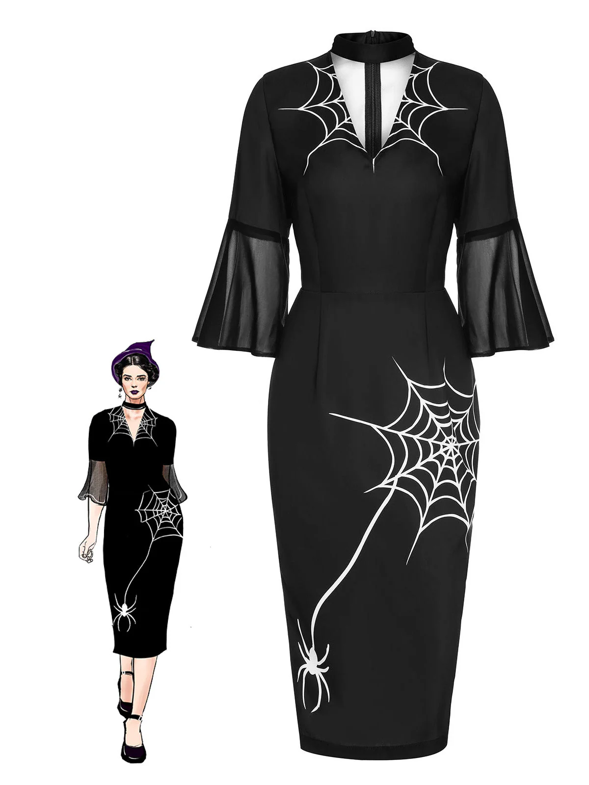 Schwarzes 1960er Halloween Spinnennetz Glocken-Bleistiftkleid - Image 3