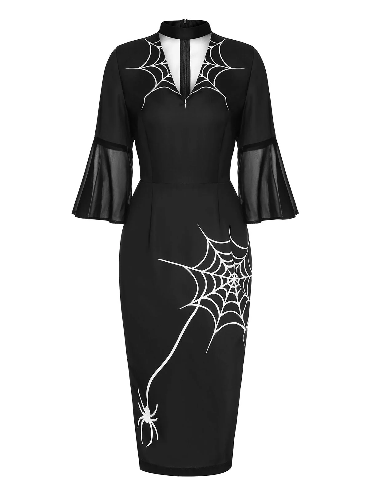 Schwarzes 1960er Halloween Spinnennetz Glocken-Bleistiftkleid - Image 4