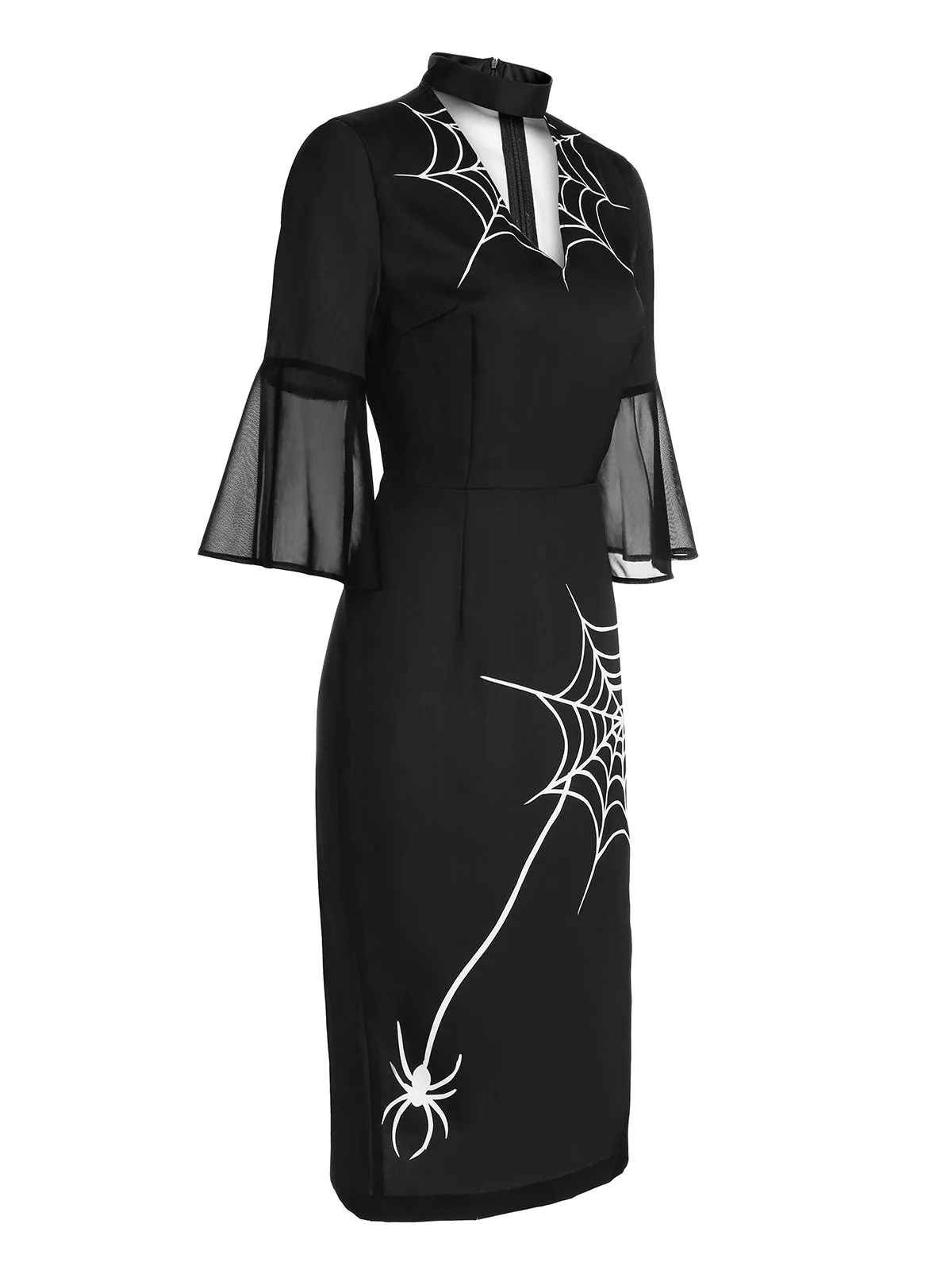 Schwarzes 1960er Halloween Spinnennetz Glocken-Bleistiftkleid - Image 5