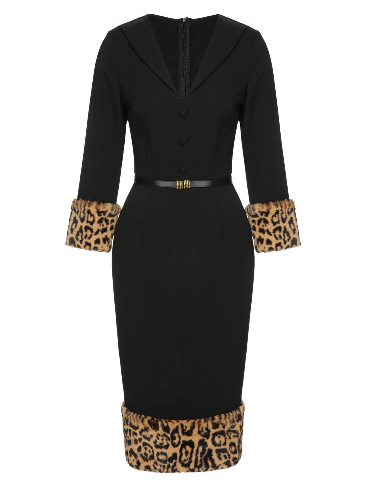 Schwarzes 1960er Leopard Plüsch V-Ausschnitt Bleistiftkleid - Image 6