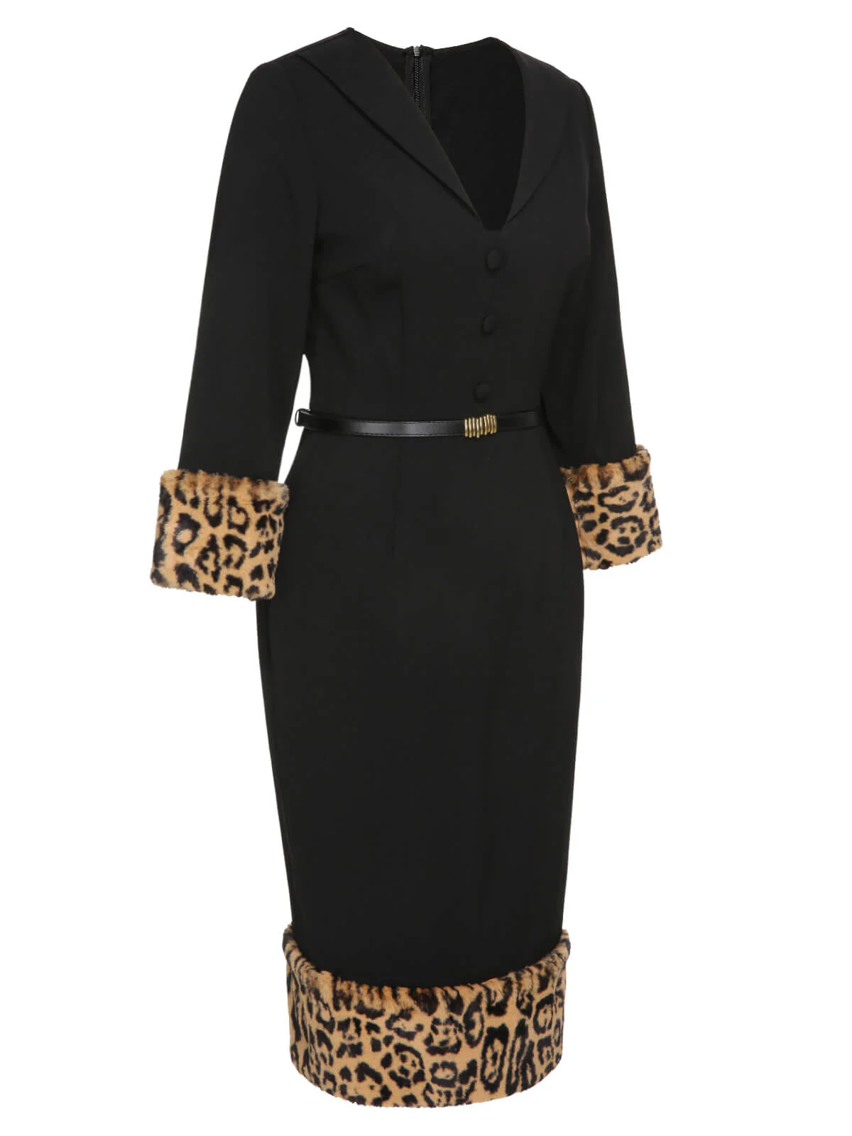 Schwarzes 1960er Leopard Plüsch V-Ausschnitt Bleistiftkleid - Image 7