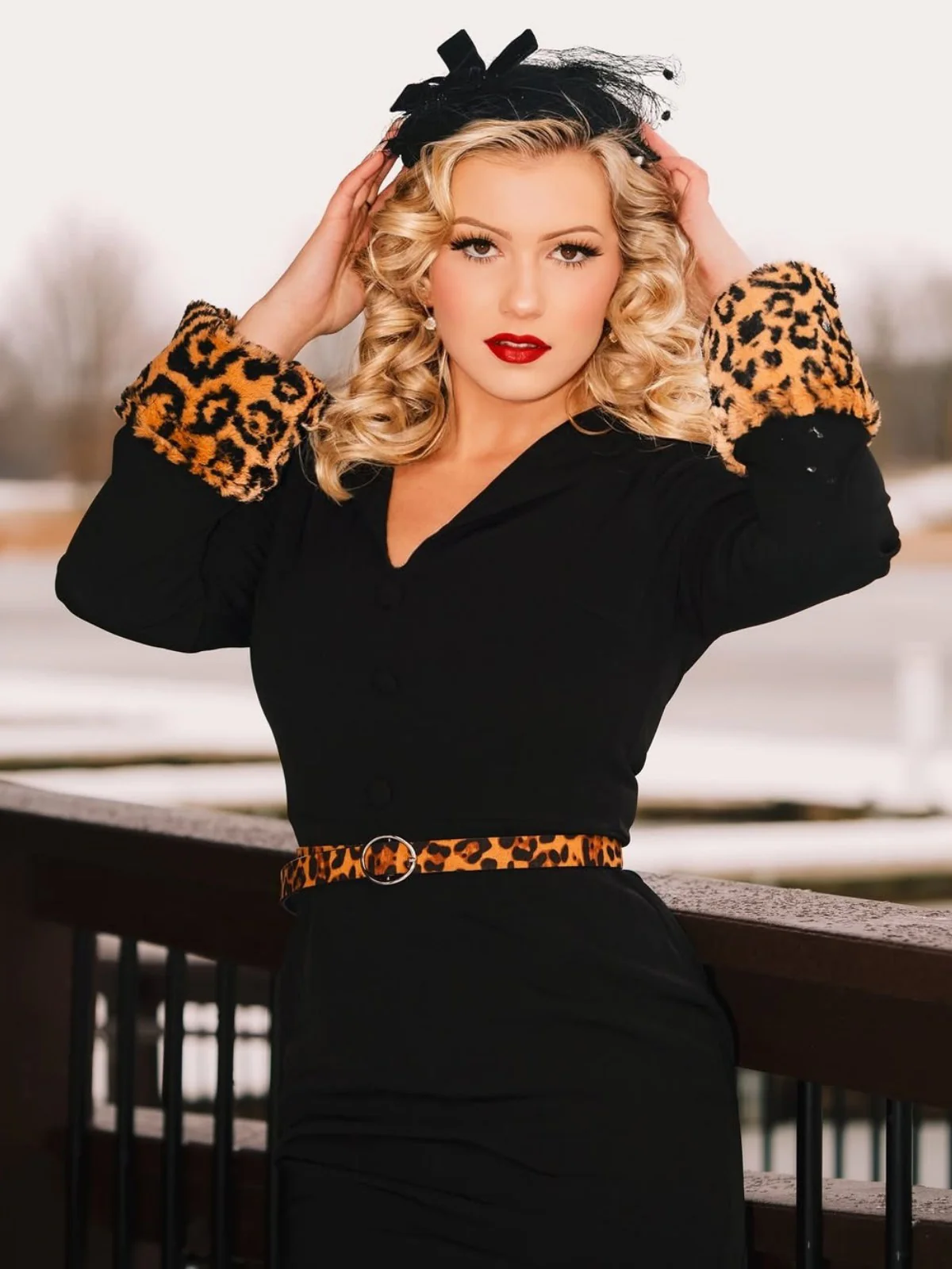 Schwarzes 1960er Leopard Plüsch V-Ausschnitt Bleistiftkleid - Image 3