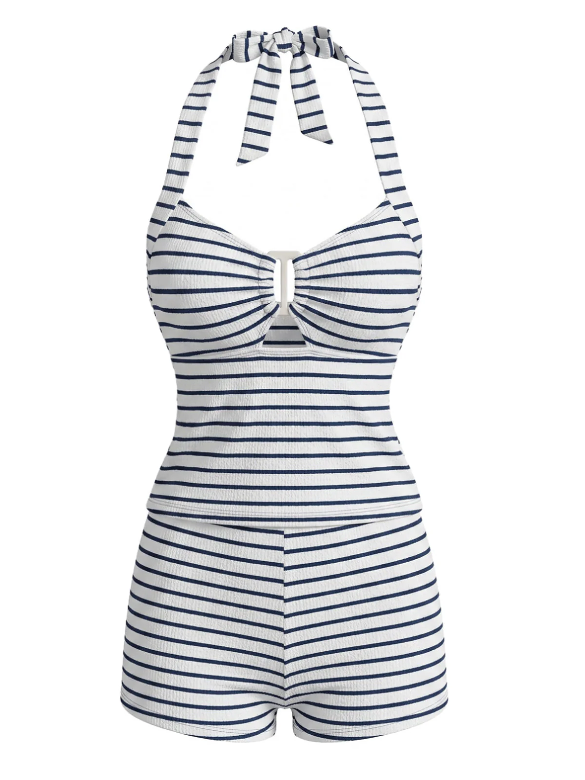 Schwarzes 40er Gestreiftes Tankini-Set mit Cutout und Strukturiert - Image 2
