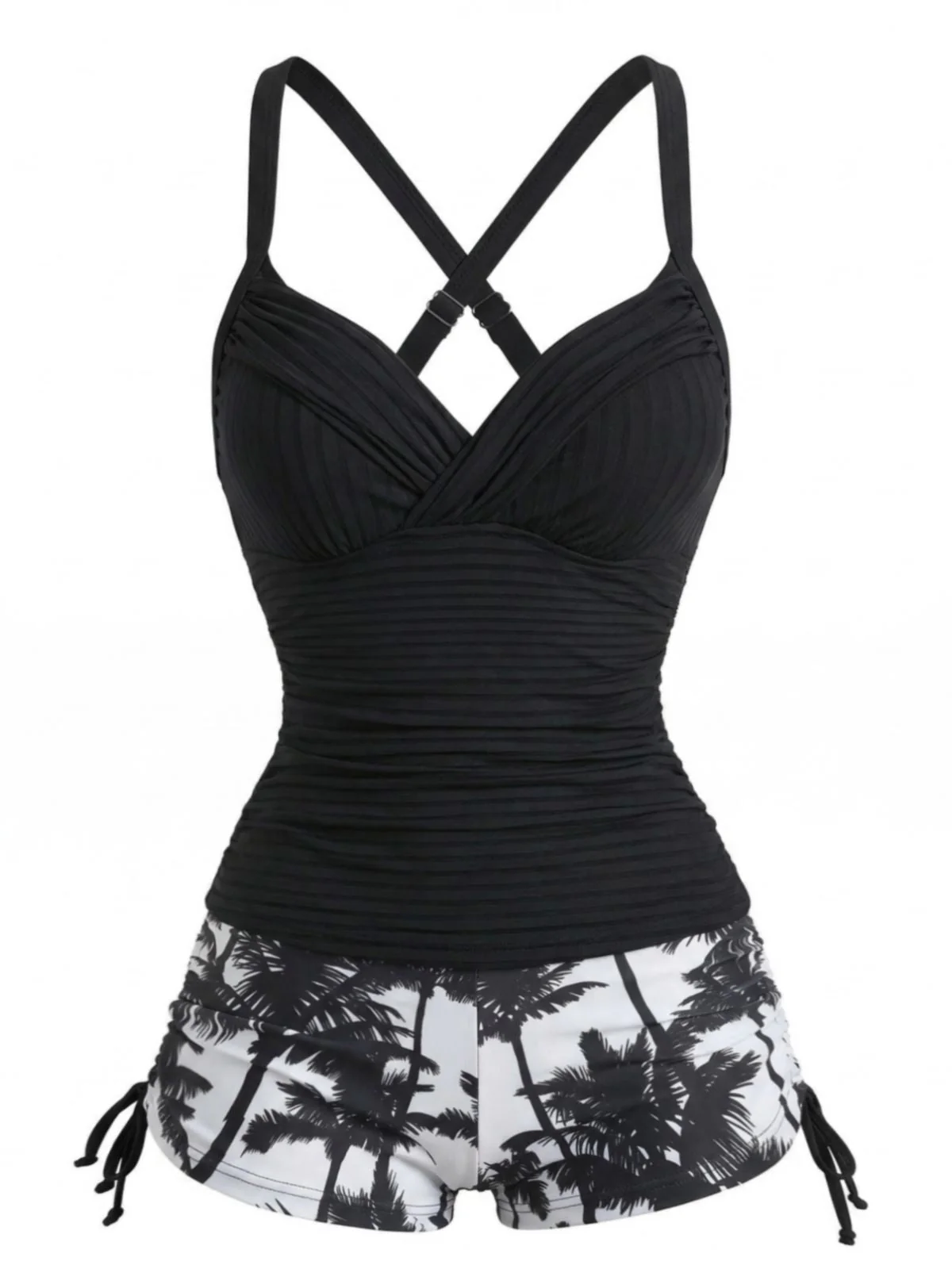 Schwarzes 50er Gerafftes Tankini-Set mit Palmen und Kordelzug - Image 2