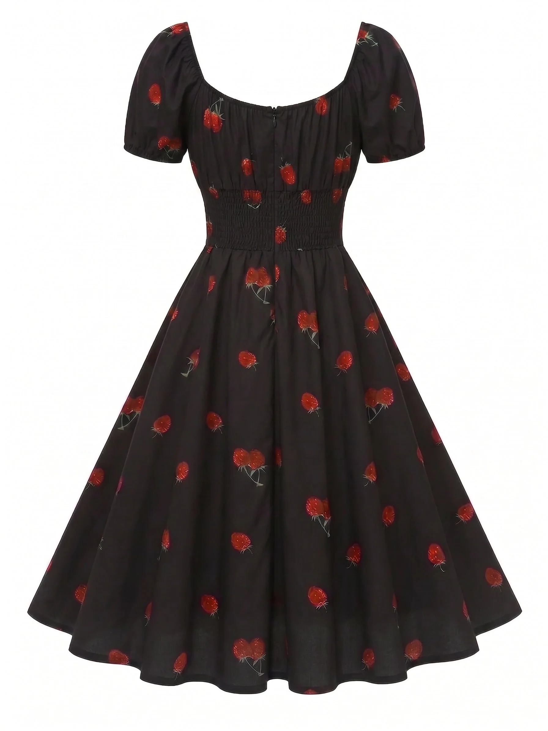 [Vorverkauf] Schwarzes 50er Midikleid mit Himbeer-Print und Neckholder - Image 2
