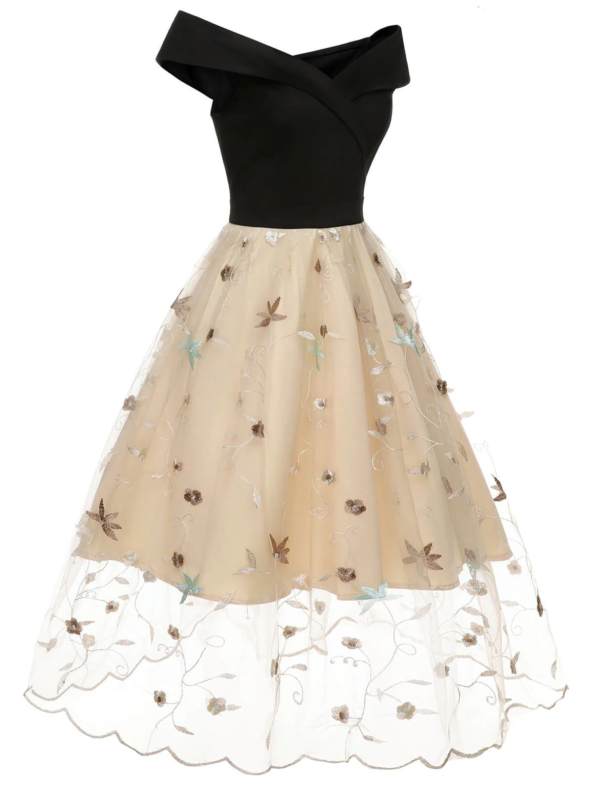 Schwarz & Beige 1950er Blumen Netz Schulterfrei Kleid - Image 3